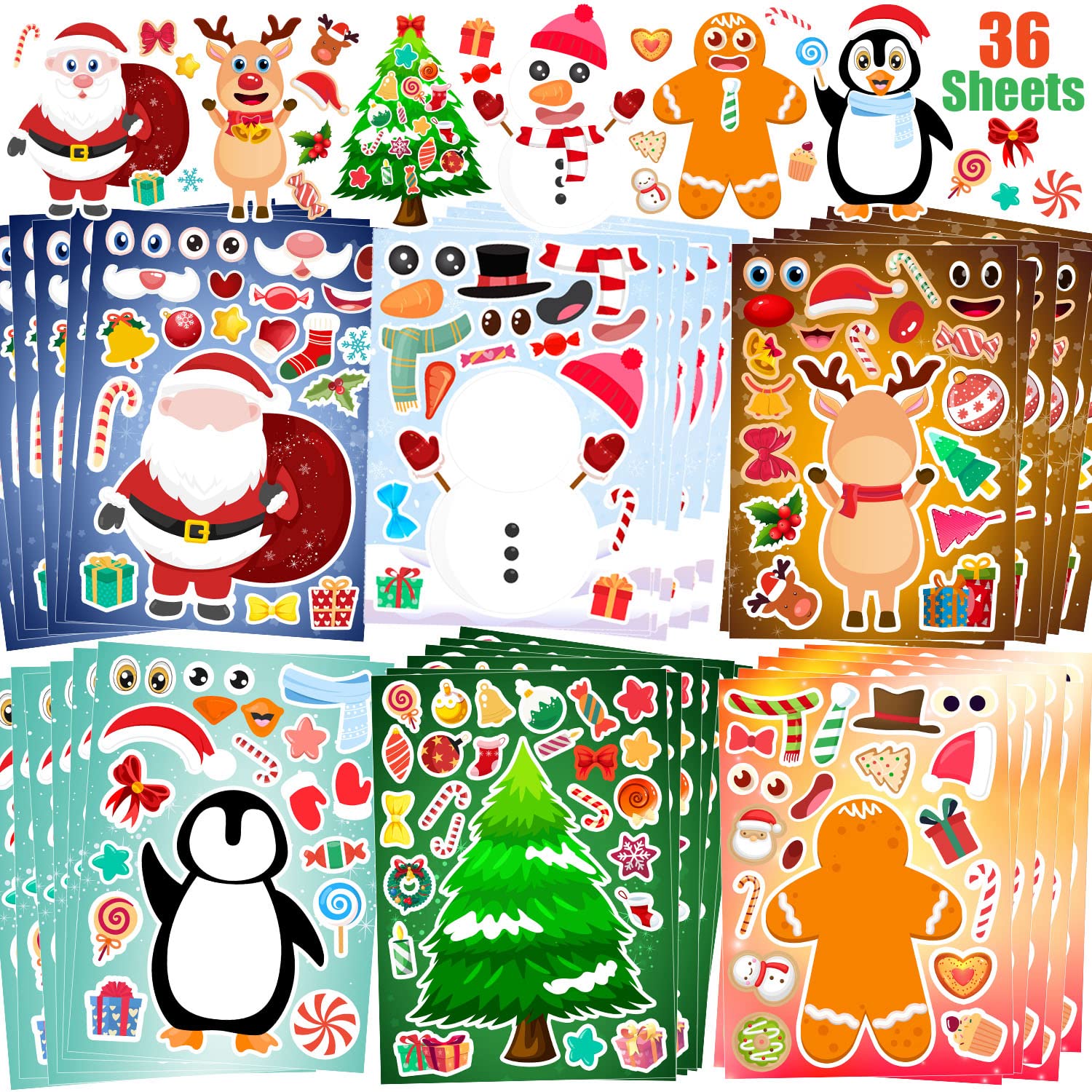 36 Sheets DIY Christmas Stickers for Kids - Holiday Craft Kit, Party Favors & Games - Perfect for Classroom Activities, Gift Wrapping & Holiday Decorations