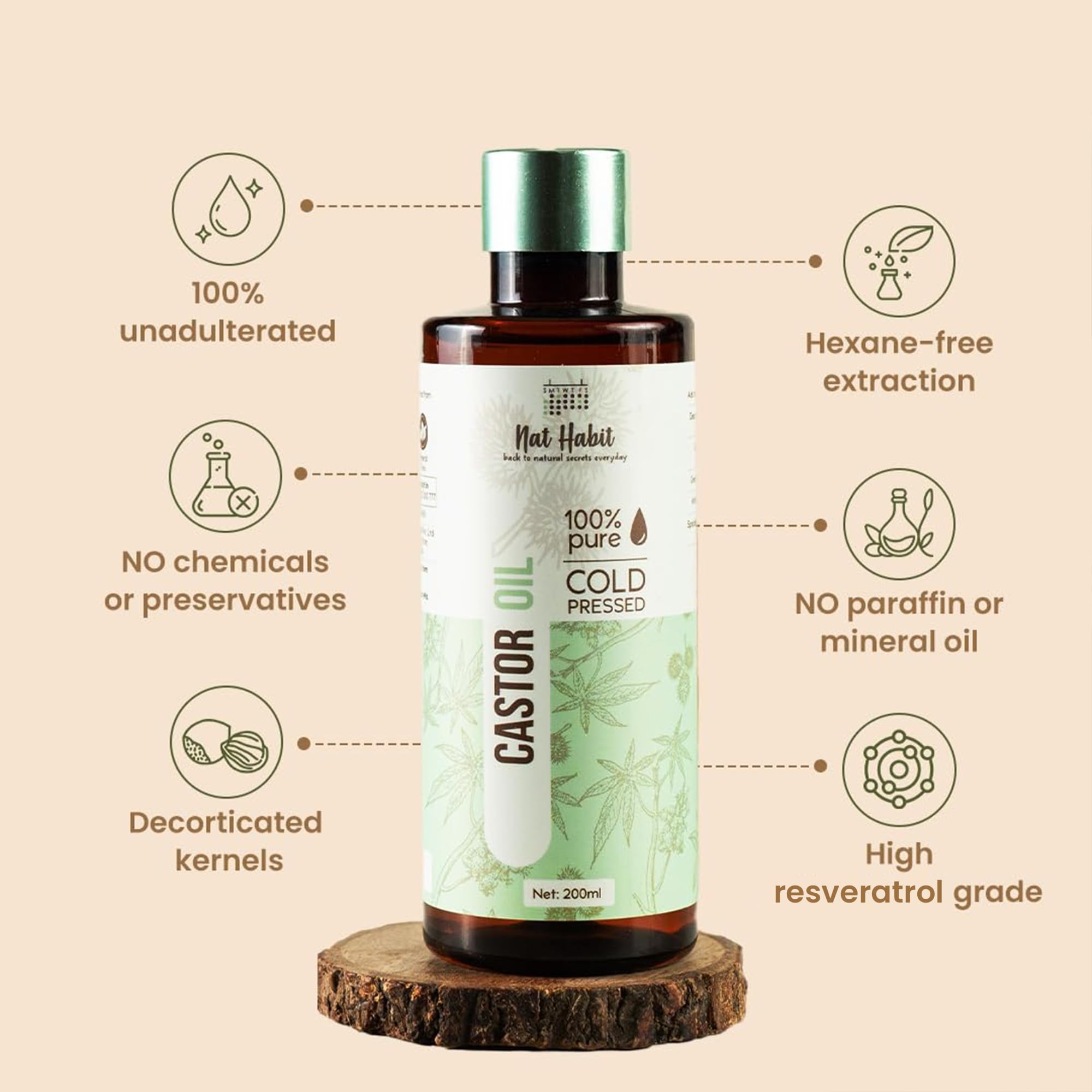 Nat Habit Cold Pressed 100% Pure Castor (Arandi) Oil for Skin & Hair Care - Vitamin E Enriched with Omega-6 & 9, Mineral Free - 200ml - Promotes Hair Growth & Moisturizes Skin - Perfect for Daily Beauty Routine & Natural Remedies