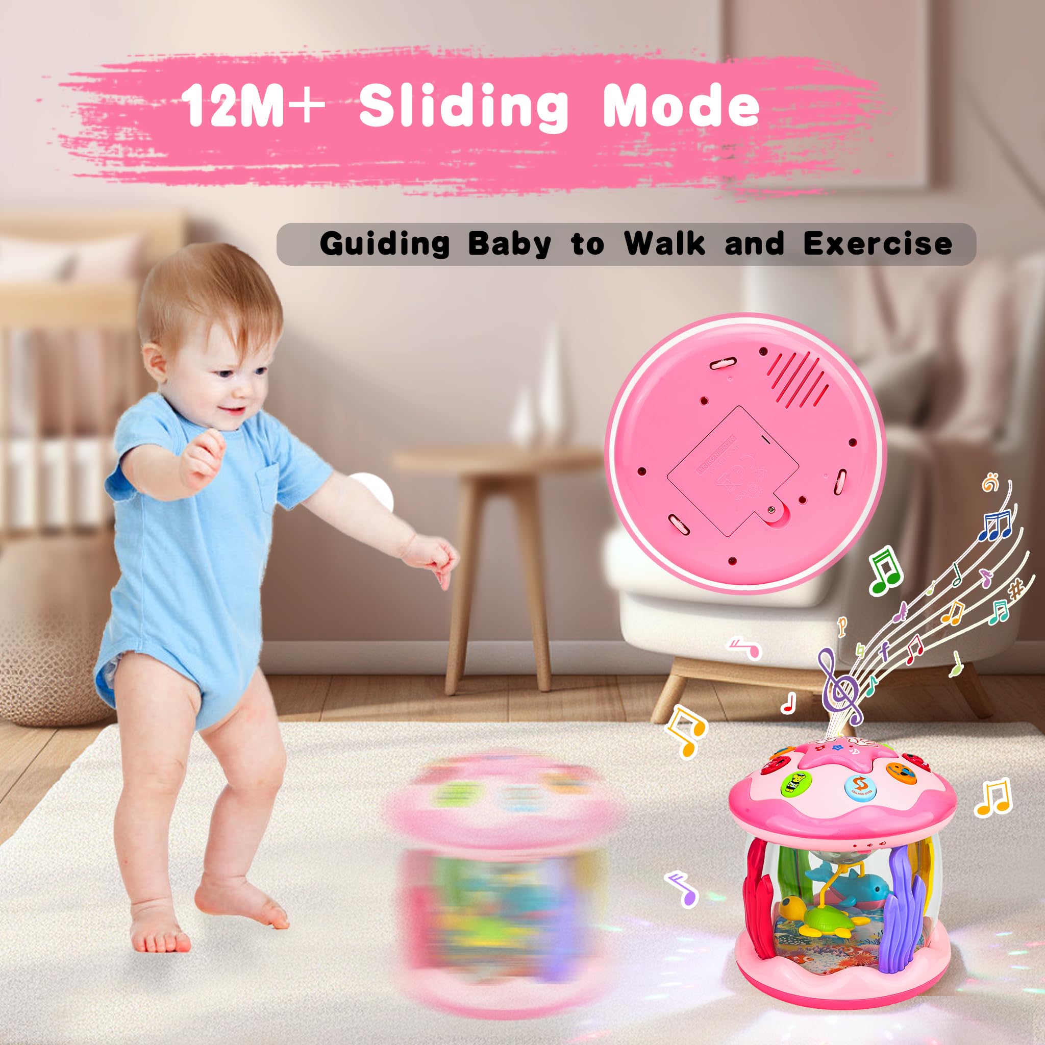 **Best Baby Girl Toys 6-12 Months: Ocean-Themed Rotating Light-Up Musical Toy for Crawling & Learning – Ideal for Toddlers 1-3 Years Old – Perfect Easter Gift (Pink) – Great for Playtime & Early Development**