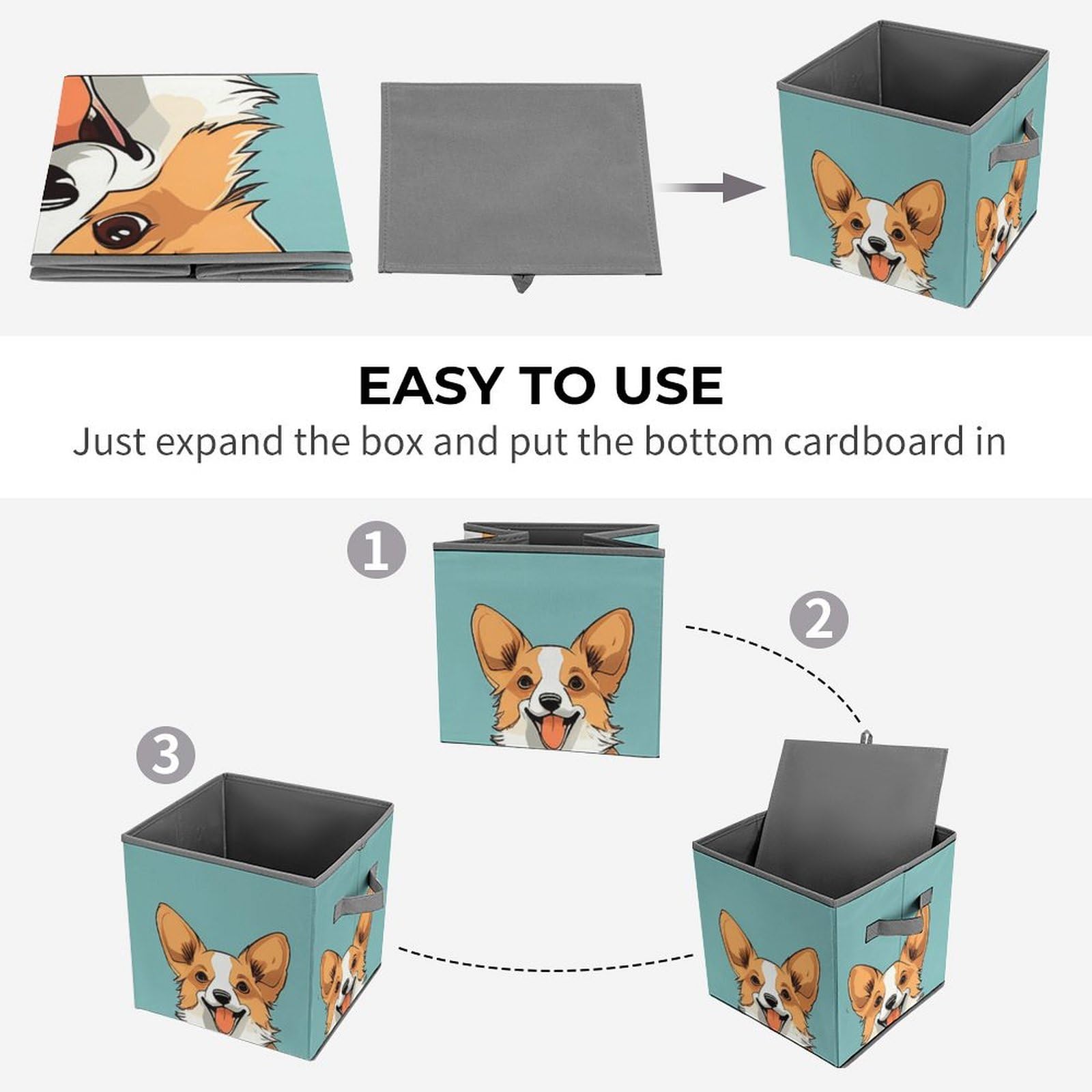 Corgi-Themed Collapsible Storage Cubes with Handles - 10.6