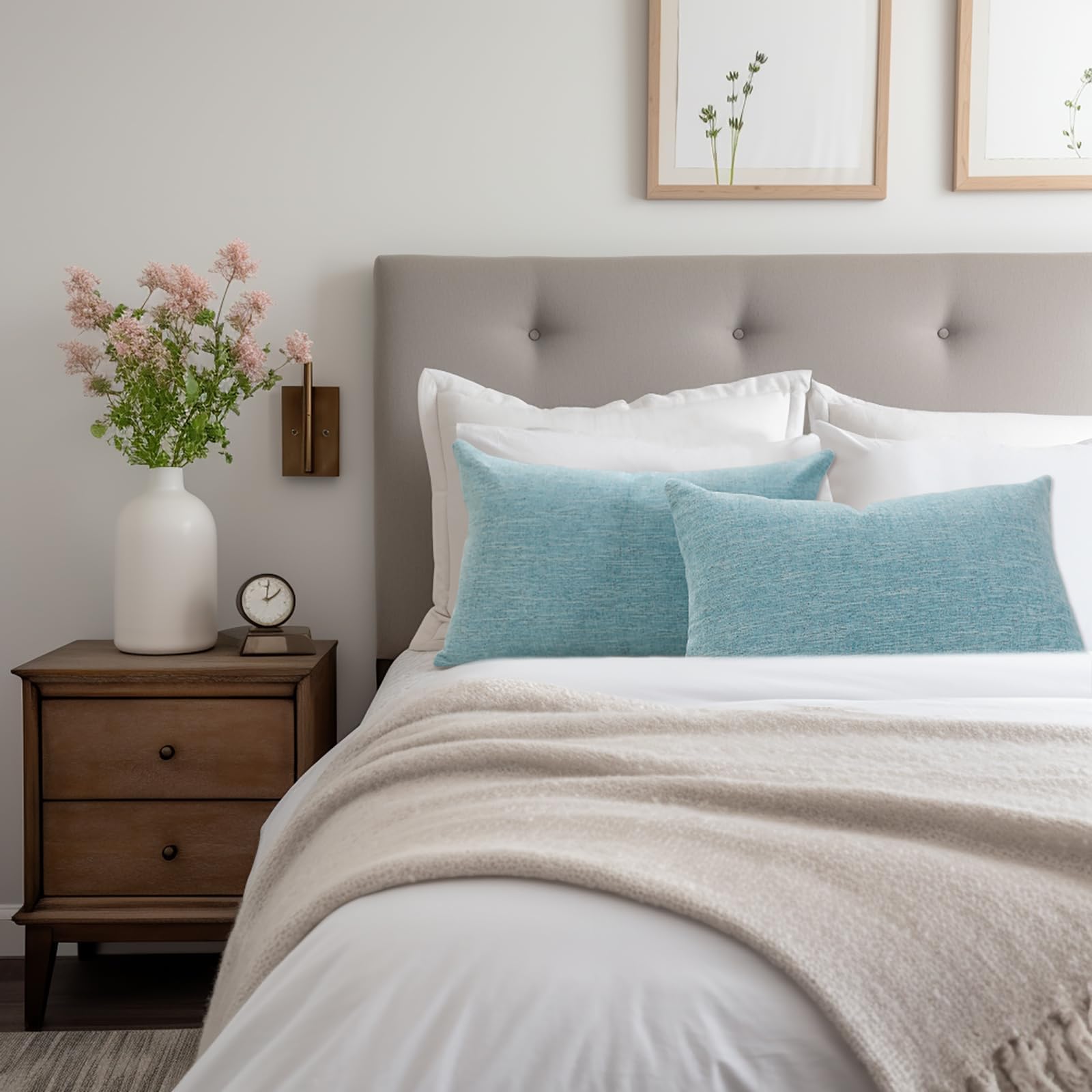 Farmhouse Chenille Spring Throw Pillow Covers 26x26 Set of 2 - Textured Square Decorative Couch Sofa Bed Pillowcases for Living Room, Turquoise - Perfect for Seasonal Home Decor & Cozy Living Room Accents