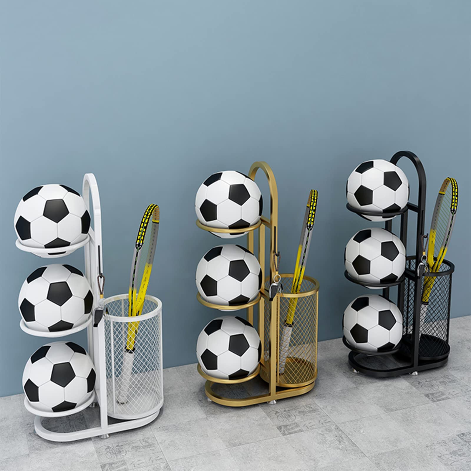 JHSLXD Multi-Sport Storage Rack - Metal Iron Basketball, Football, Volleyball & Racket Organizer | Gold Sporting Goods Display Stand for Gym, Home & School Use