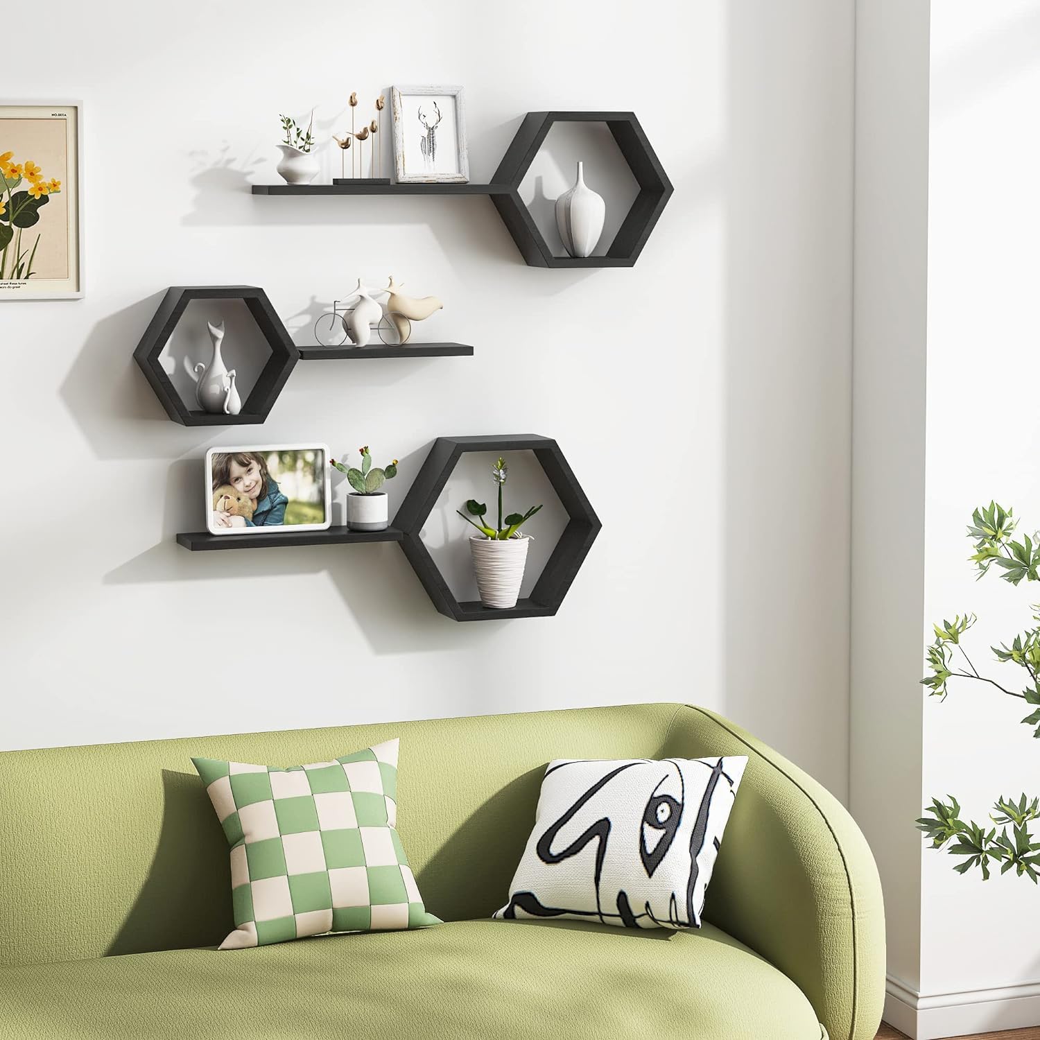 Hexagon Wall Shelves Set of 6 - Floating Wooden Wall Mounted Shelves for Photos, Plants & Decor | Rustic Honeycomb Shelves for Living Room, Bedroom, Bathroom, Kitchen & Office | Black Home Decor Shelving | Perfect for Gallery Walls, Bathroom Storage & Small Space Organization