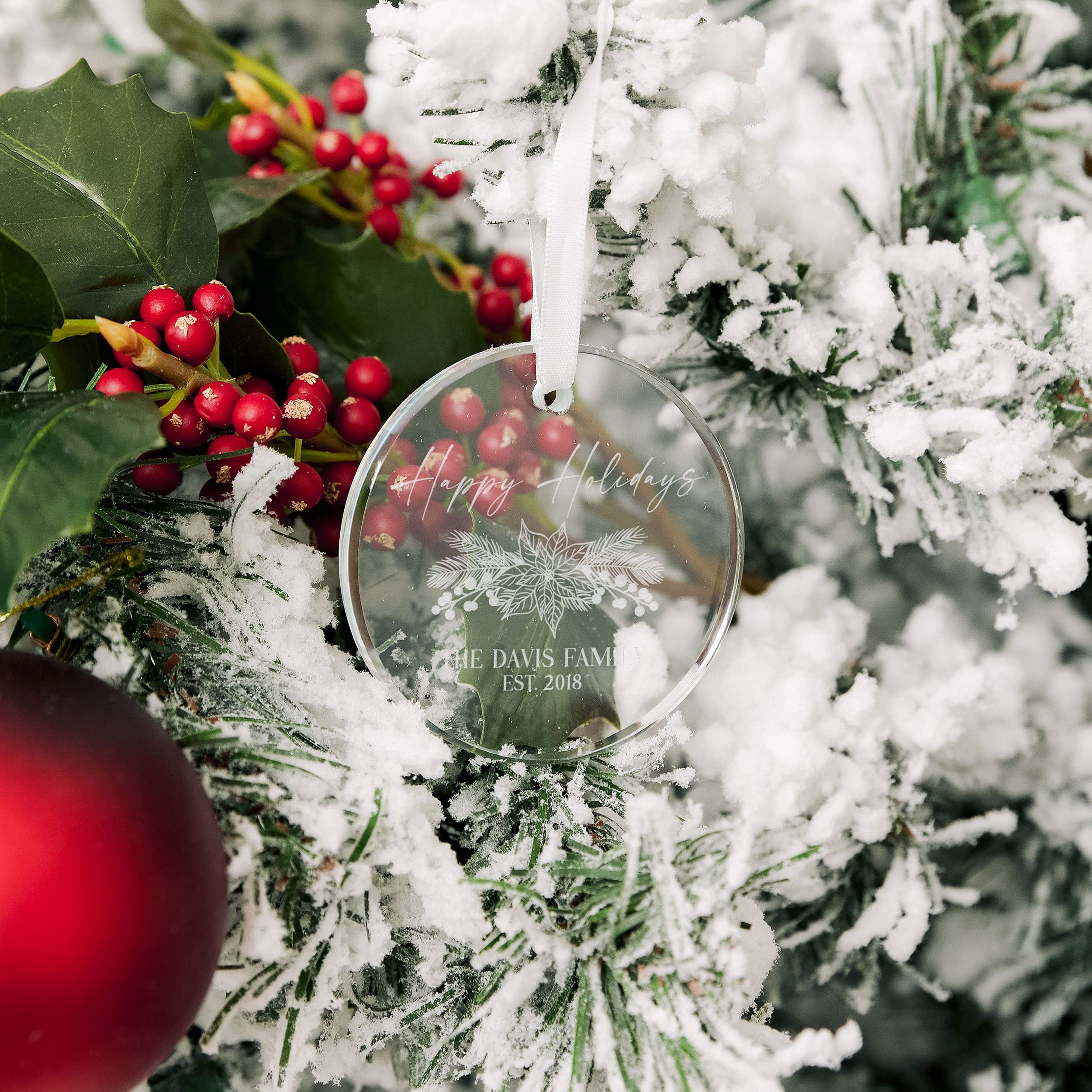 Customizable Engraved Clear Glass Christmas Tree Ornament with Gift Box - Blush Blooms Design for Weddings, Holidays & Special Occasions | Perfect for Christmas Decor, Anniversary Gifts & Bridal Showers