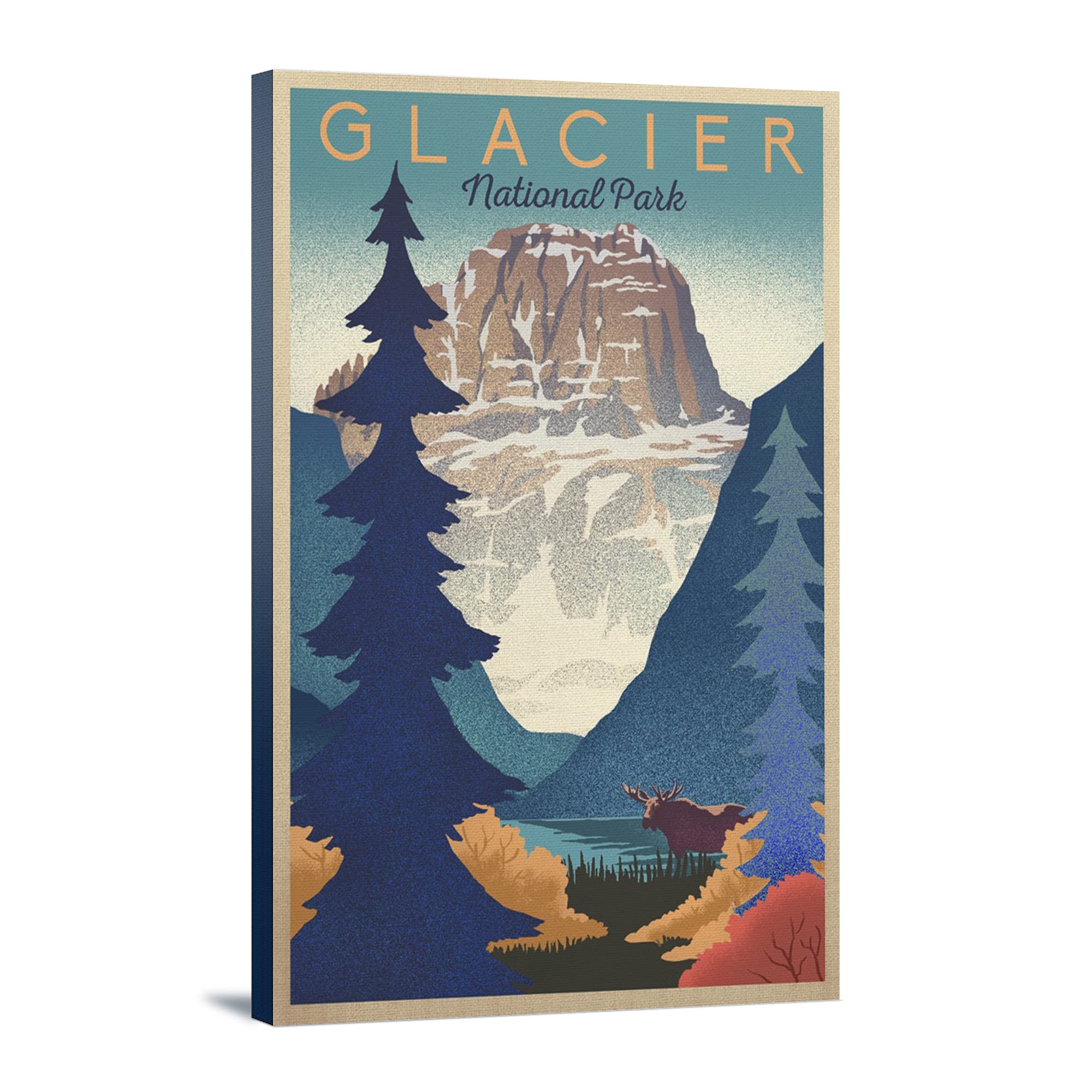 Glacier National Park Mountain Scene Lithograph - 16x24 Wrapped Canvas Wall Art for Living Room, Bedroom & Office Decor