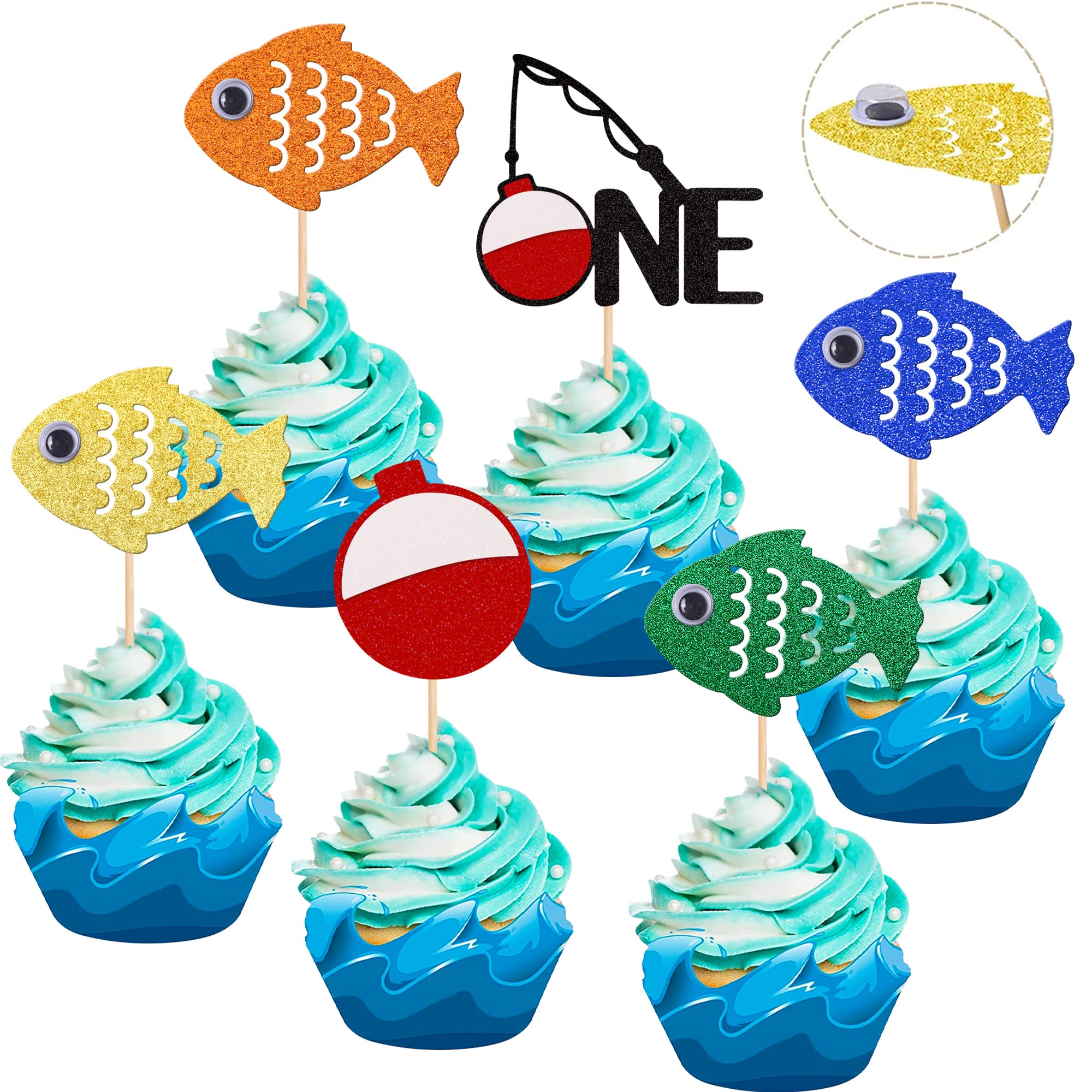 24 PCS 3D Eye Glitter Fishing Bobber Cupcake Toppers - The Big One Fisherman Cupcake Picks for Fishing Theme Party, Baby Shower, Kids 1st Birthday, Anniversary Cake Decorations - Perfect for DIY Baking and Party Supplies