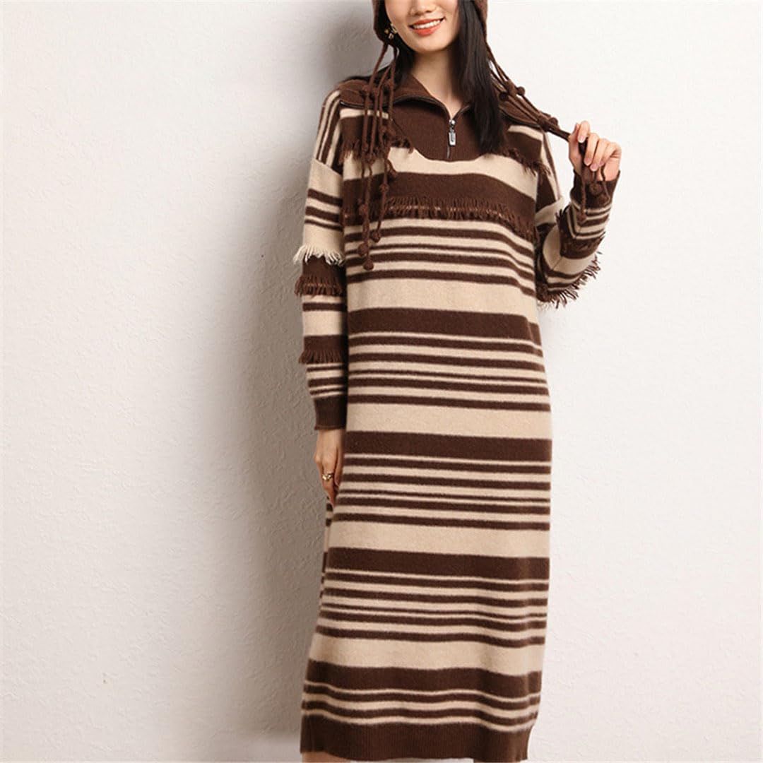 Women's Cashmere Sweater & Long Skirt Set - Striped Knit Dress for Autumn Winter - Plus Size Loose Fit Cozy Outfit for Casual Wear, Office & Date Nights