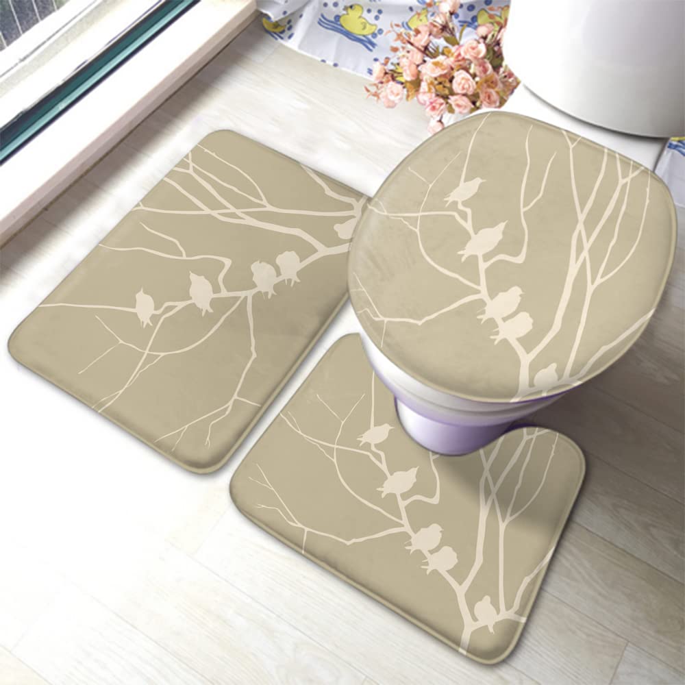 Vintage Birds Silhouette 3-Piece Bathroom Rug Set - Tree Branch Nature Design with Non-Slip Rubber Backing, U-Shaped Contour Rug & Toilet Lid Cover - Perfect for Bathroom Decor and Home Accessories