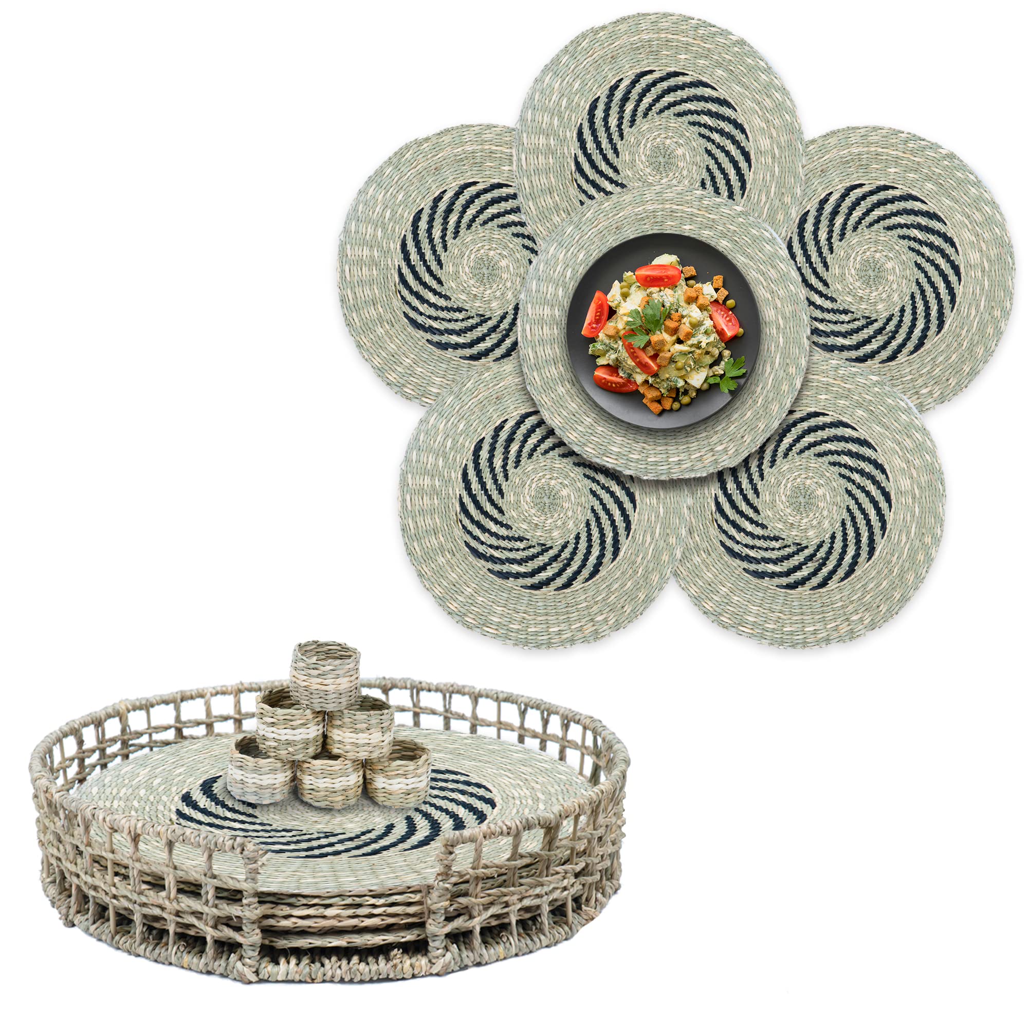 ATHENA HOME 6-Piece Round Woven Seagrass Placemat Set - 13 Inch Natural & Black Placemats with Napkin Rings & 15 Inch Serving Tray - Handwoven Table Decor for Dining Room, Kitchen, and Outdoor Entertaining