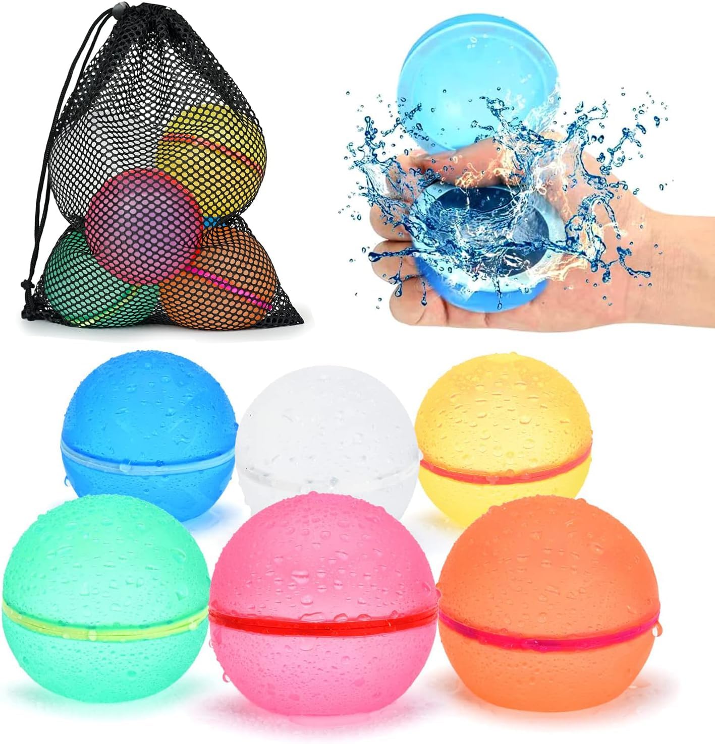 98K Reusable Water Balloons 6Pcs with Mesh Bag - Self-Sealing Silicone Balloons Latex-Free, Easy Fill & No Cleanup - Perfect for Summer Water Fights, Pool Parties, Beach Games, Backyard Fun and Outdoor Activities