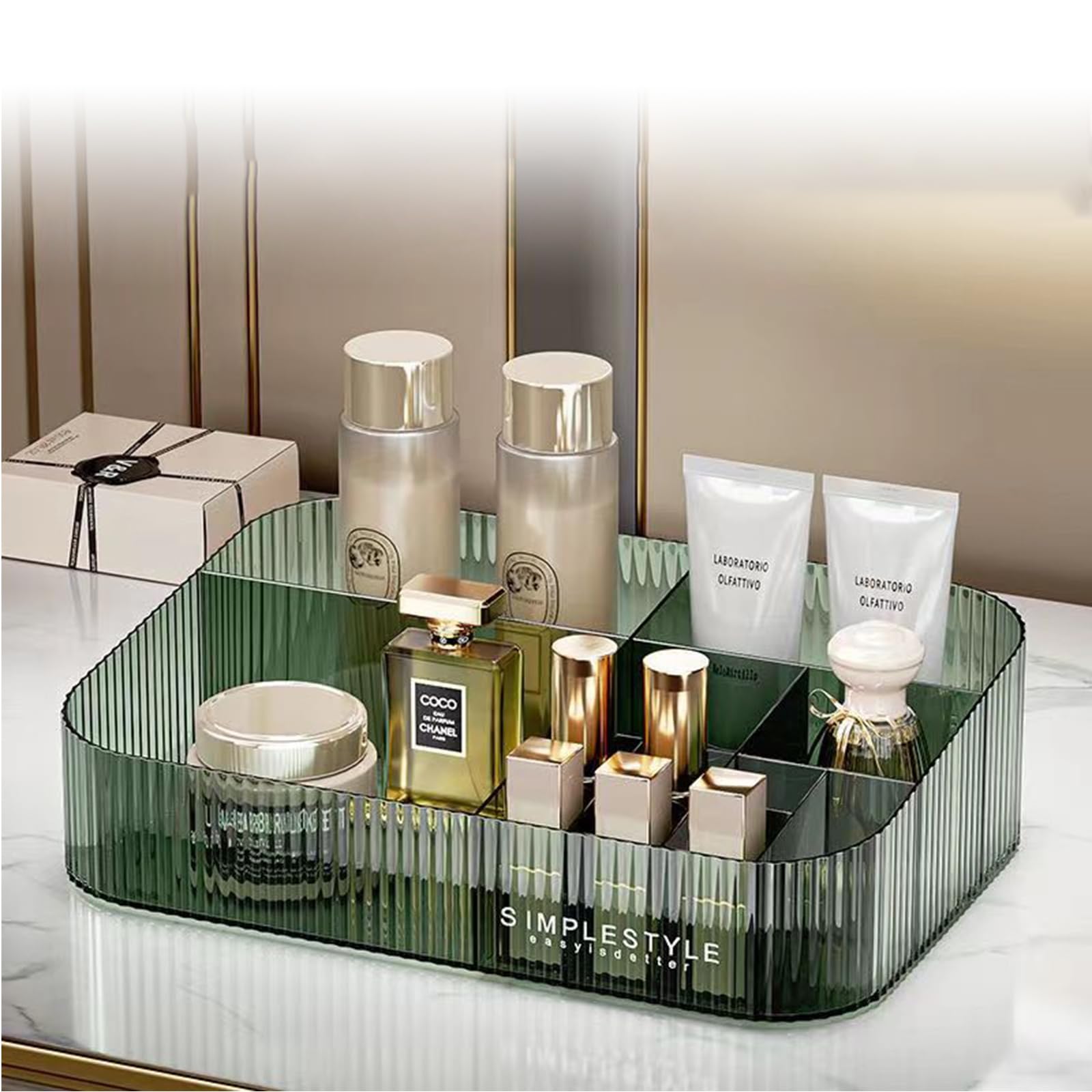 Stackable Makeup Organizer with Drawers - Large Cosmetic Storage Box for Makeup Brushes, Lipsticks & Skincare | Perfect for Bathroom Vanity, Dresser & Travel Organization (1 Tray, Green)