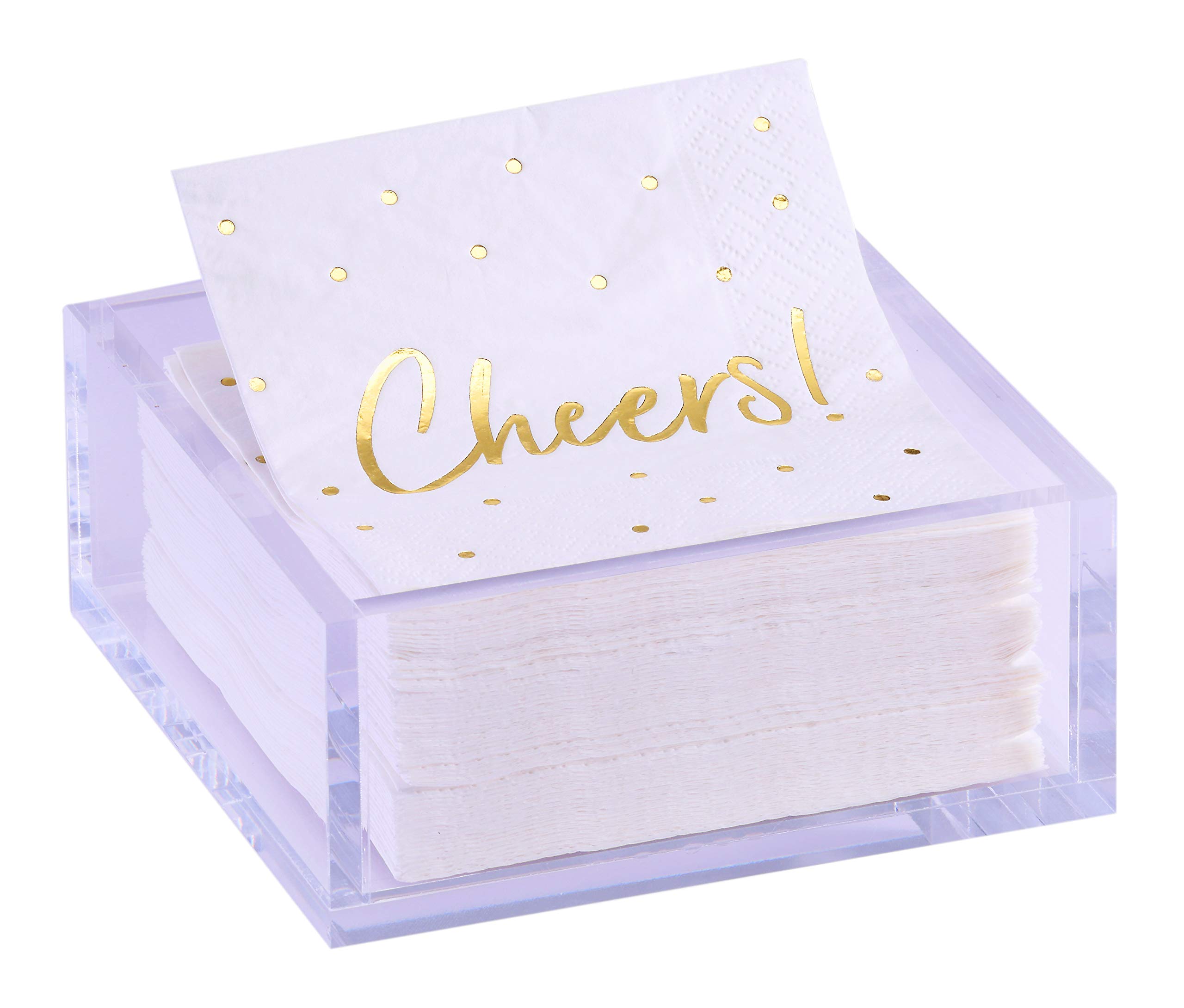 Premium 5x5 Inch Heavy Duty Acrylic Cocktail Napkin Holder with 20 Gold Embossed 'Cheers' Napkins - Elegant Party & Event Accessory for Weddings, Bars, and Home Entertaining