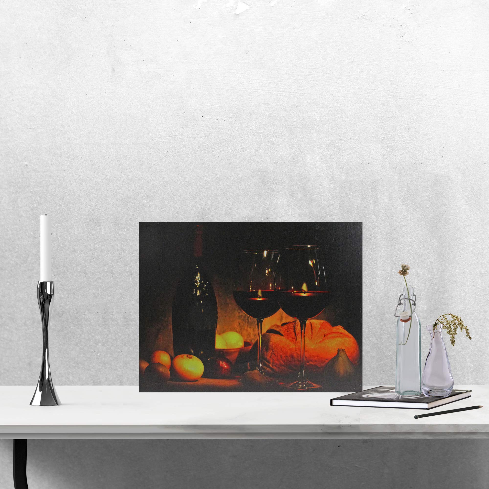 Northlight LED Flickering Wine Bread Candles Canvas Wall Art 11.75x15.75 Inches - Orange Flameless Candle Decor for Dining Room, Kitchen & Home Decor