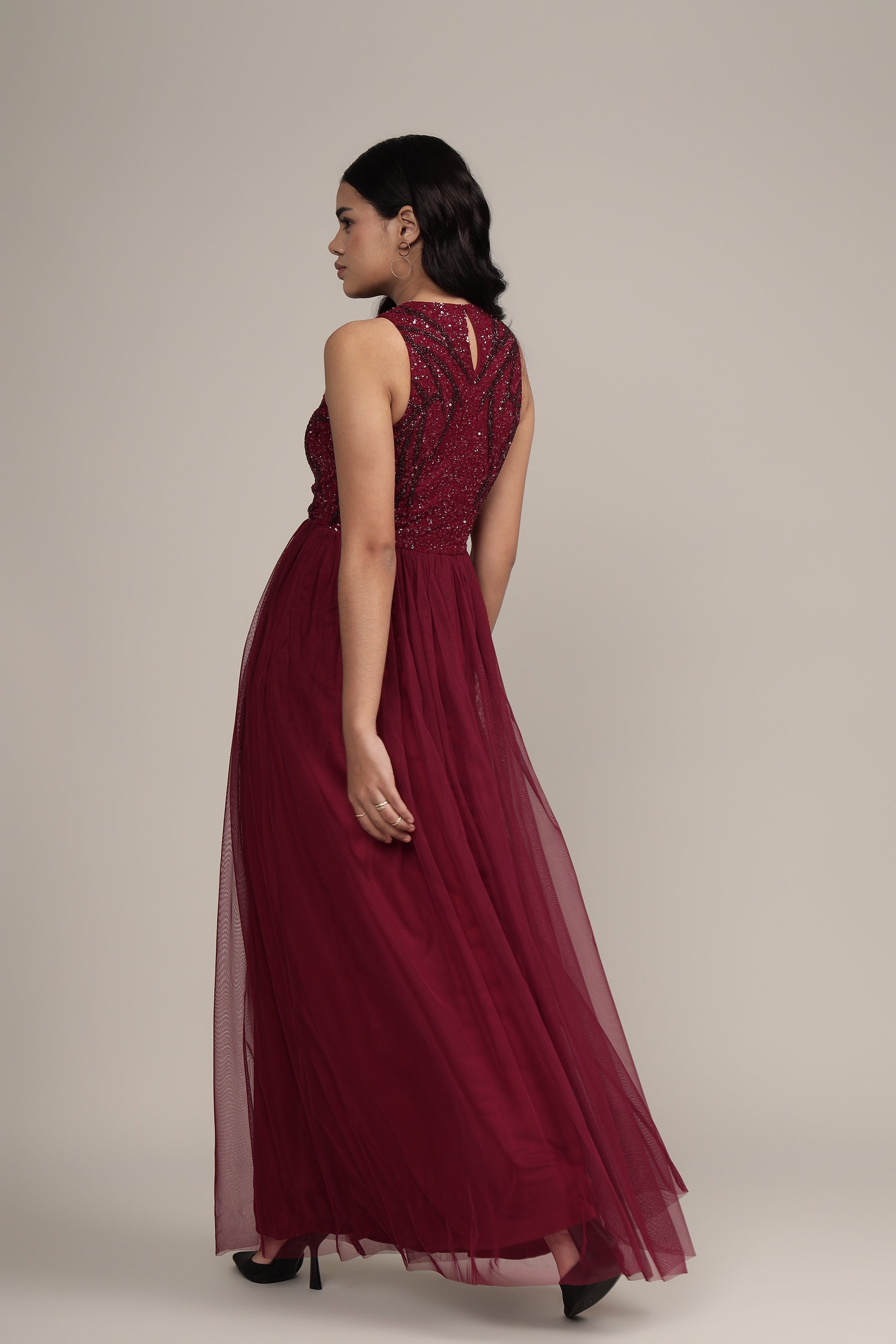 Linda Embellished Maxi Dress in Burgundy - Elegant Long Formal Evening Gown for Women | Perfect for Weddings, Parties & Special Occasions