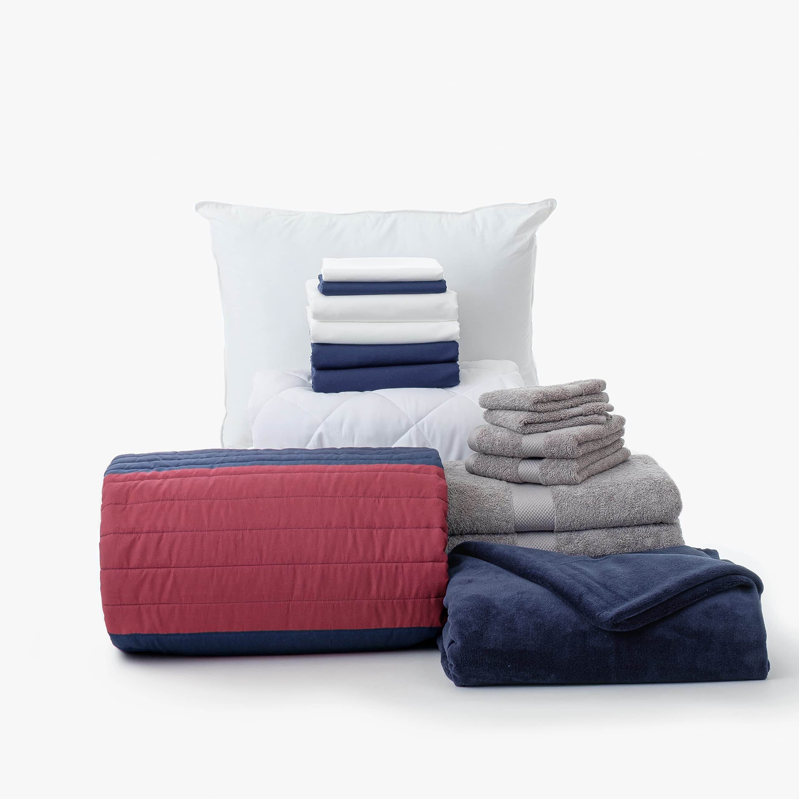 OCM College Dorm Room Essentials 16-Piece Starter Kit | Twin XL Bedding Set with Mattress Pad, Comforter, Sheets, Towels & Blanket | Ryan Stripe Design in Red & Navy Rugby Colors | Perfect for University Students, Back to School & First-Time Dorm Living