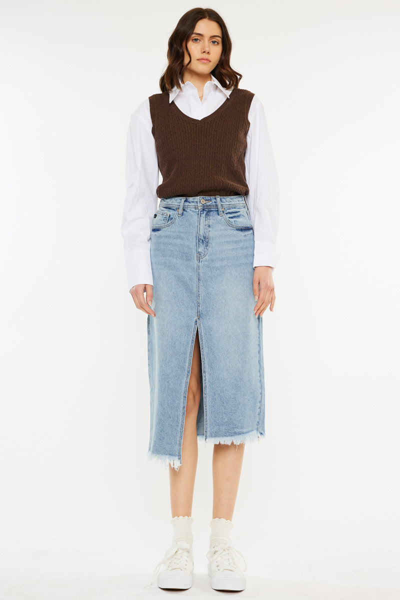 Indigo High Rise Midi Skirt for Women - Stretchy A-Line Denim Skirt with Pockets | Perfect for Casual Outfits, Office Wear & Date Nights