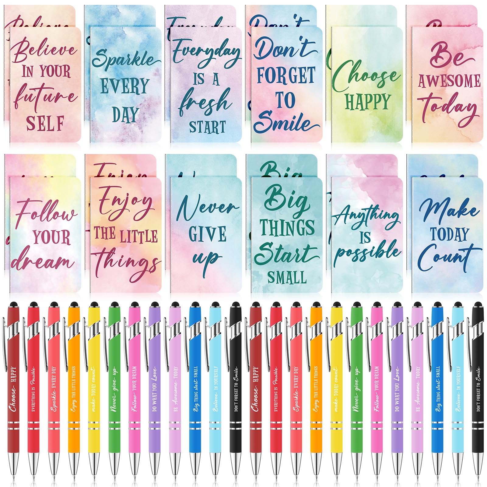 48-Piece Motivational Watercolor Pens & Inspirational Notepads Set - Colorful Ballpoint Pens with Mini Journals for Kids, Students, Teachers - Perfect for School, Office, Gifts & Classroom Prizes - Boost Creativity & Productivity in Daily Writing, Note-Taking & Journaling