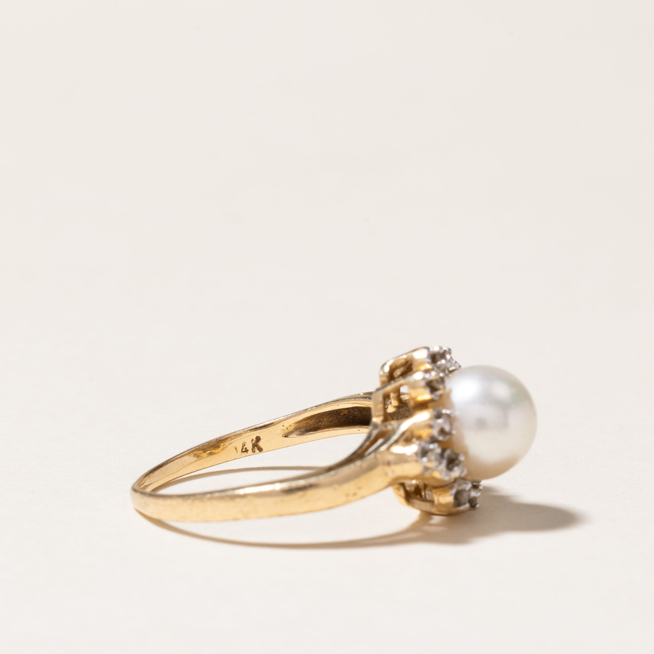 6.70mm Pearl & Diamond Petal Ring - 0.06ctw, Size 4.75 - Elegant Wedding Band, Anniversary Gift for Her, Perfect for Bridal Jewelry & Special Occasions