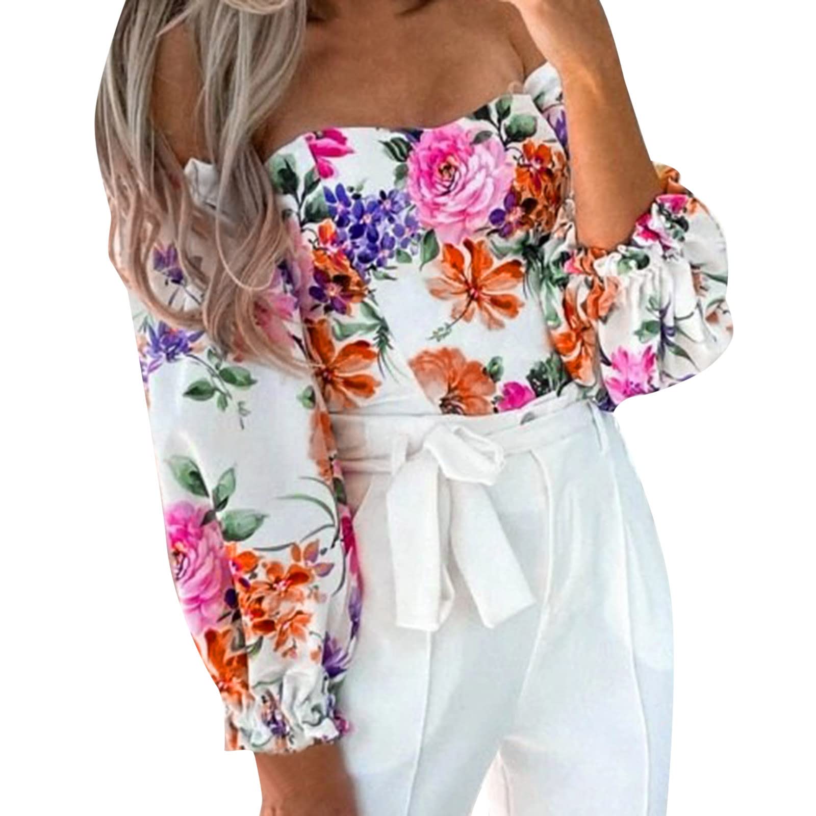 Women's V-Neck Floral Print Blouse - Off Shoulder Fitted Long Sleeve Flare Top for Casual Wear, Date Night & Office Outfits