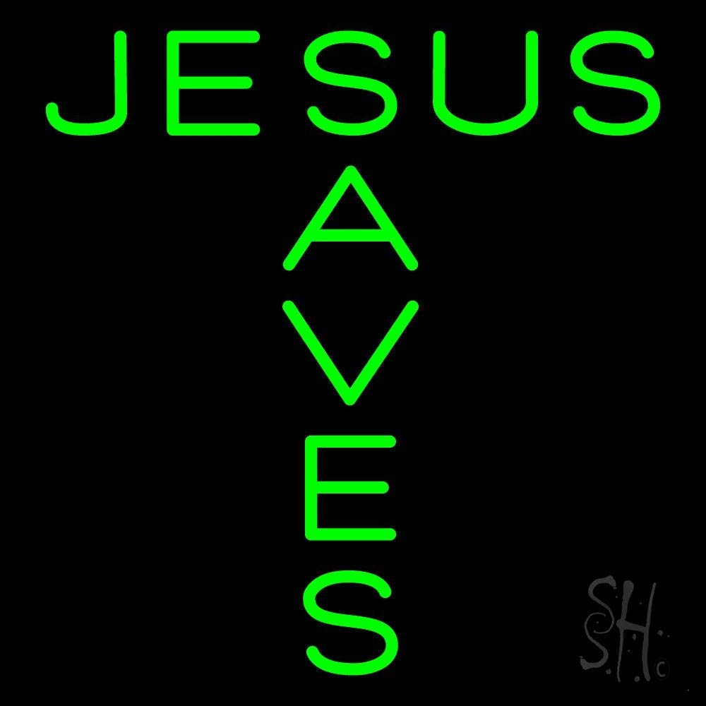 Green Jesus Saves LED Neon Sign 24x24 Inches with Dimmer - Black Square Acrylic Backing for Home Decor, Church, Office & Retail - Dimmable Religious Wall Art for Bedroom, Prayer Room & Gift Shop