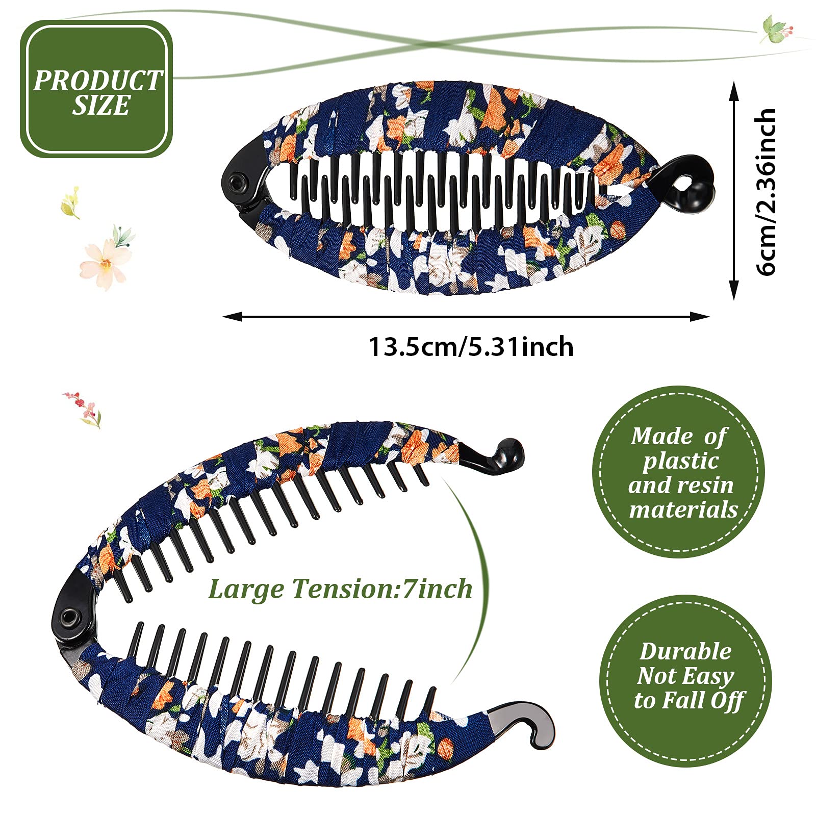 9-Piece Floral Bohemian Banana Hair Clips for Women & Girls - Fish Shape Hair Claws with Wrapped Cloth - 5.3 x 2.4 Inch Hair Accessories for Party, Wedding & Everyday Style