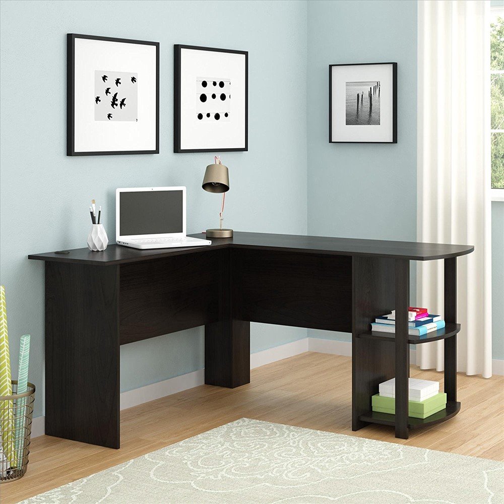 L-Shaped 52'' Large Office Desk with Bookshelves | Sturdy Computer Corner Desk | Gaming & Workstation Table | MDF Wood Dark Brown | Perfect for Home Office, Bedroom & Small Spaces