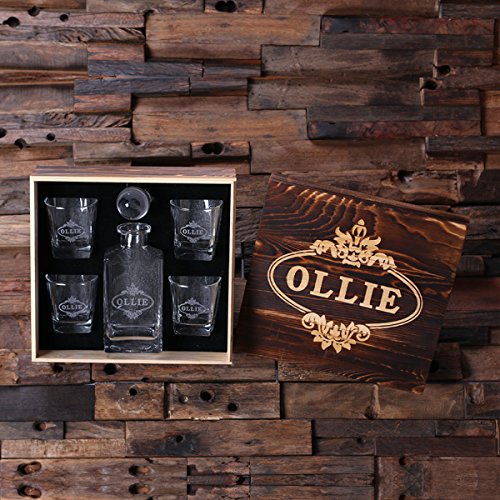 Teals Prairie & Co. Personalized Engraved Whiskey Decanter Set - 4 Crystal Whiskey Glasses & Premium Wood Gift Box - Perfect for Anniversary, Birthday & Housewarming Gifts