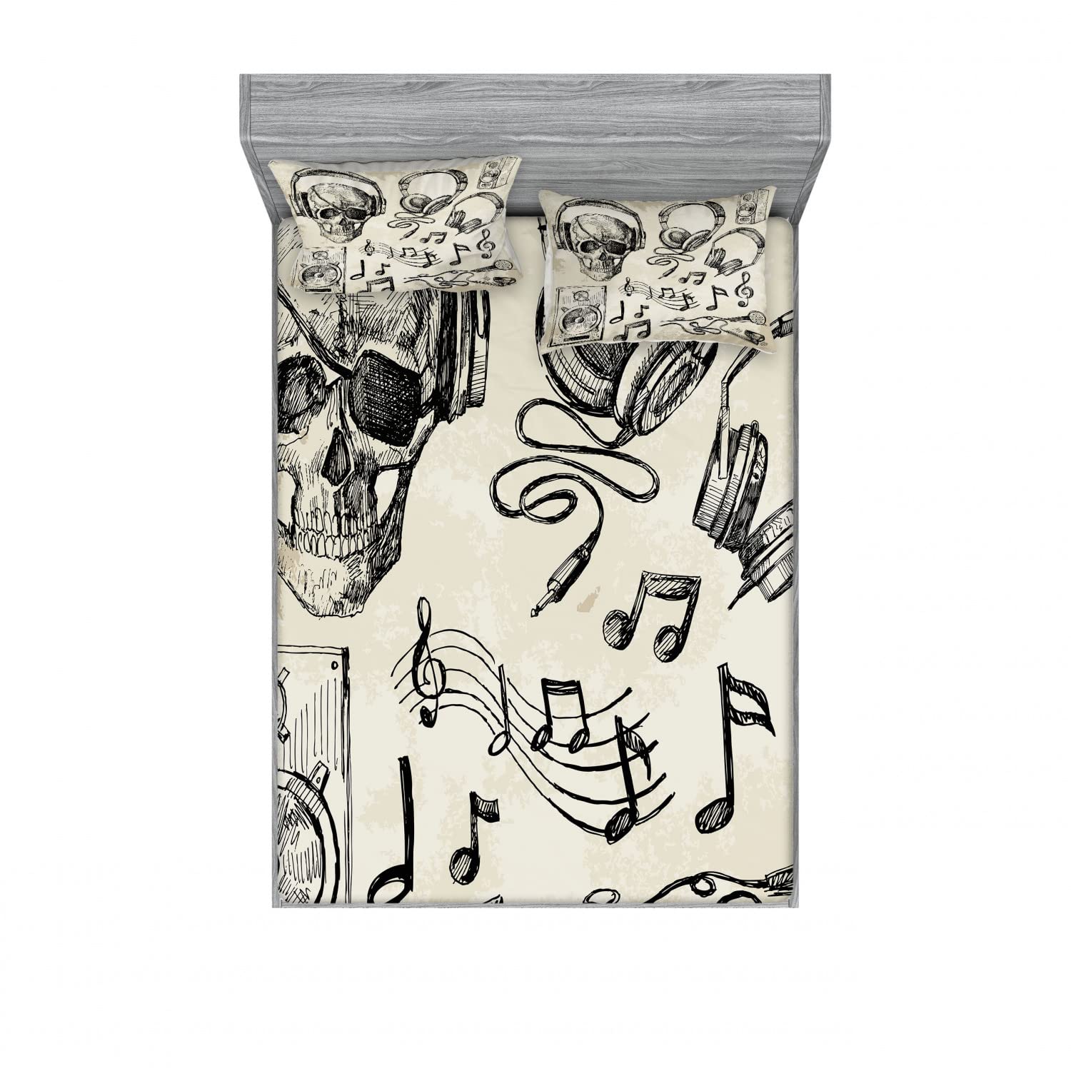 Ambesonne 2-Piece Queen Fitted Sheet Set with 4 Pillow Shams - Music Hipster Skull Print Bedding in Beige & Black | Soft Stretch Jersey Fabric for Cozy Bedroom Decor, Dorm Room Essentials, Gift for Music Lovers
