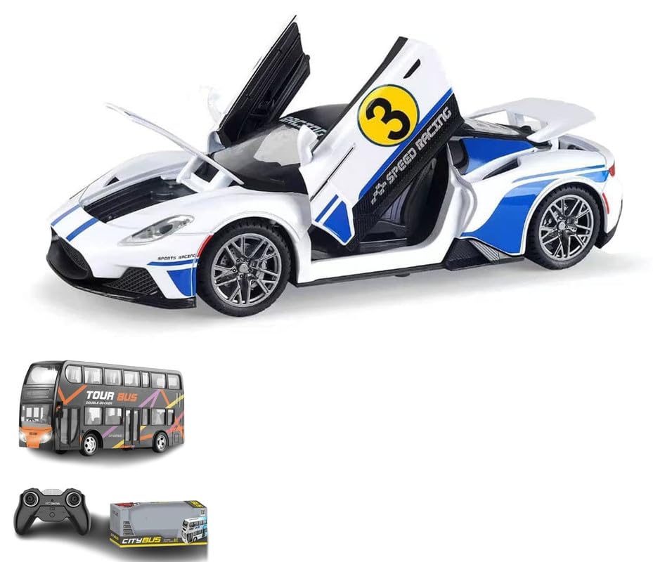 Maserati Die-Cast Metal Pull Back Toy Car & Double Decker Bus Set - 1:32 Scale Model Miniature Vehicles for Kids Collection (Blue) - Perfect for Playtime, Gift Giving & Display Shelf Decoration