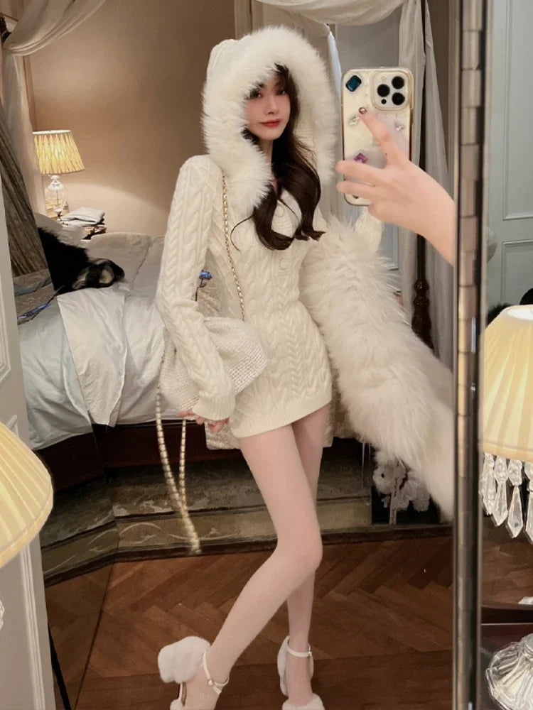 2023 Winter Knitted Hooded Sweater Dress for Women - Slim Bodycon Y2K Mini Dress with Faux Fur Trim, Korean Elegant One Piece Dress | Perfect for Christmas Parties, Date Nights & Casual Outfits