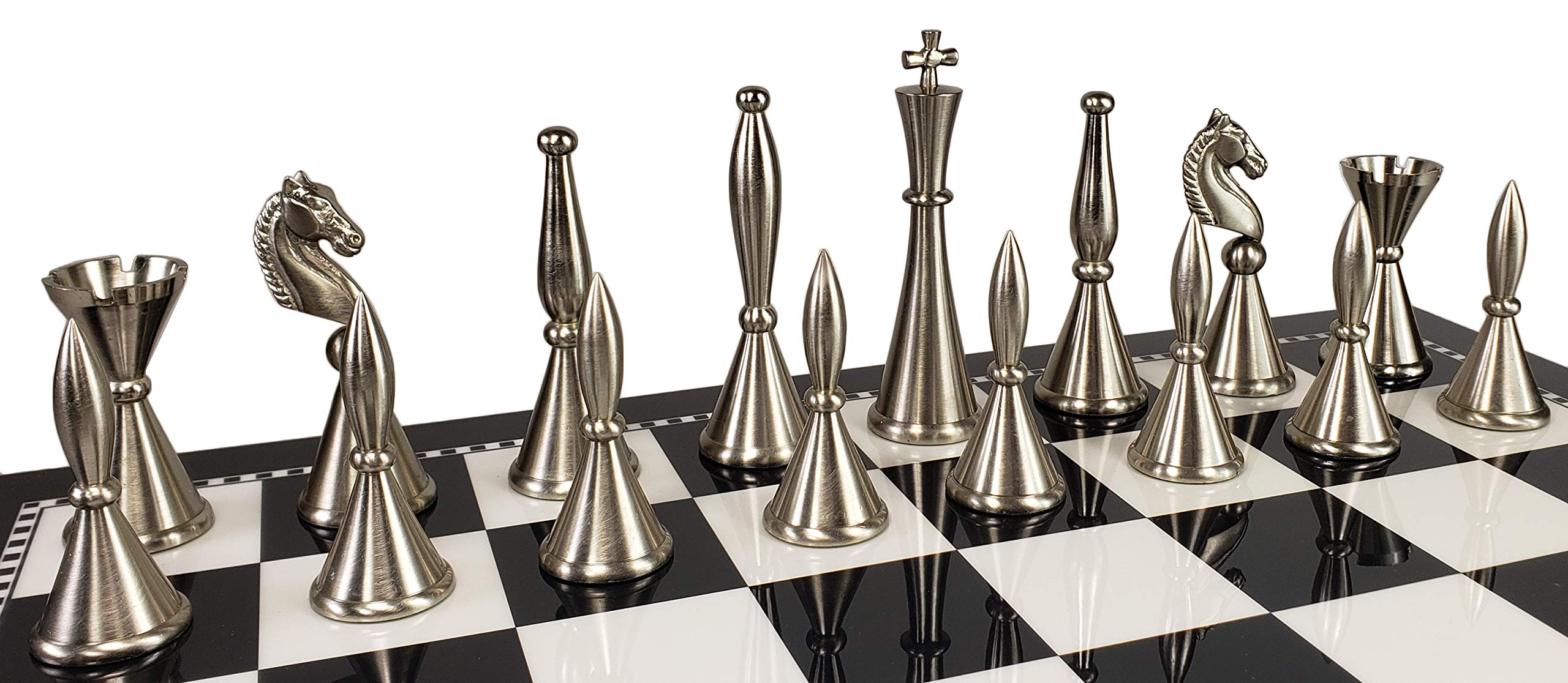 Premium Brass Metal Modern Art Deco Staunton Chess Set - 17 Inch High Gloss Black & White Storage Board - Perfect for Home Decor, Office Display & Professional Chess Tournaments