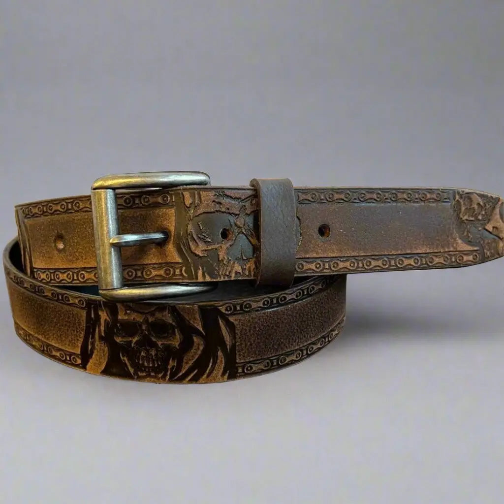 Keldon Genuine Grain Leather Men's Skull Belt with Removable Buckle - Stylish Gothic Accessory for Casual Wear, Halloween Costumes & Biker Outfits