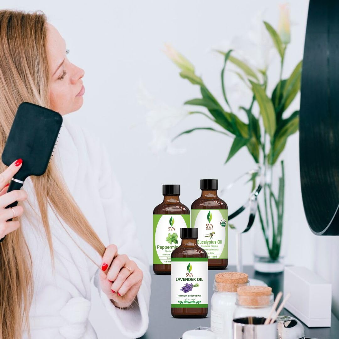 **Premium Peppermint, Lavender & Eucalyptus Essential Oil Set - 4oz Bundle for Aromatherapy, Scalp Massage, Hair & Skin Care - Relaxation, Stress Relief & Home Spa Use**