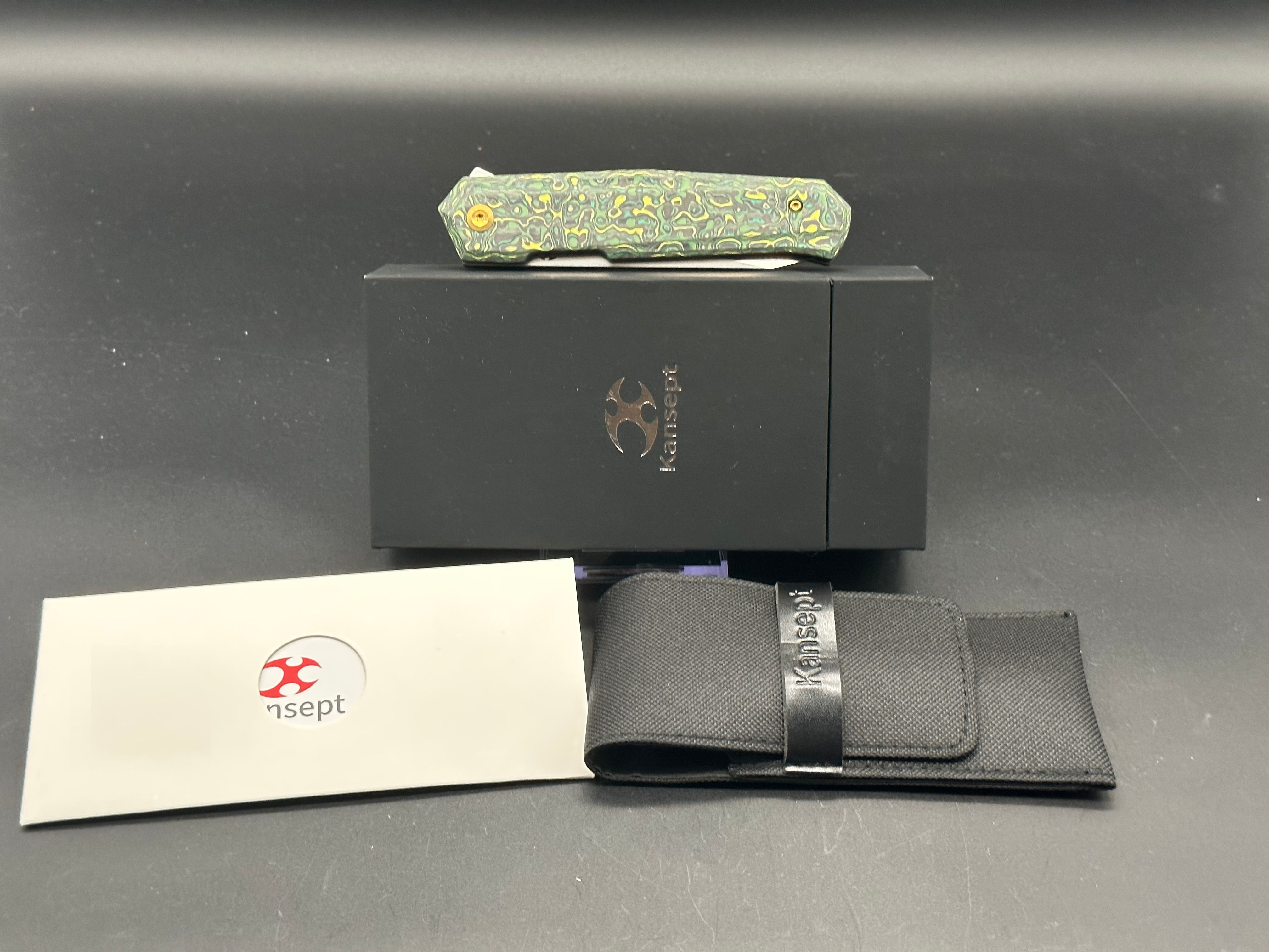 KANSEPT INTEGRA Folding Pocket Knife - Green/Yellow Carbon Fiber Handle, S35VN Blade - EDC, Outdoor, Camping, Survival Gear