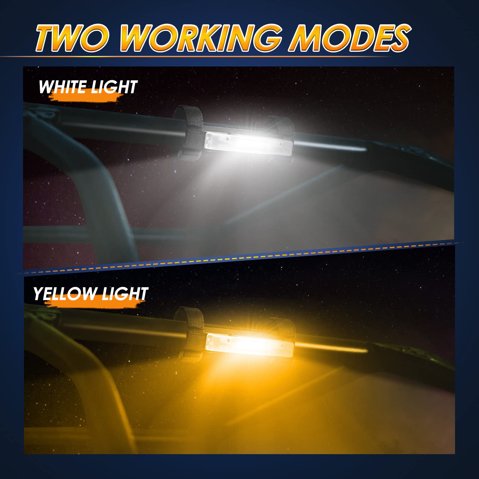 UTV Dome Light - Universal Roll Bar Mount LED Interior Light & Map Marker for UTV, SXS, Can Am, Polaris RZR, Honda, Kawasaki, Golf Cart, Truck, Car - Battery Powered White & Amber Lights (2 Pack) - Perfect for Off-Roading, Camping & Night Driving