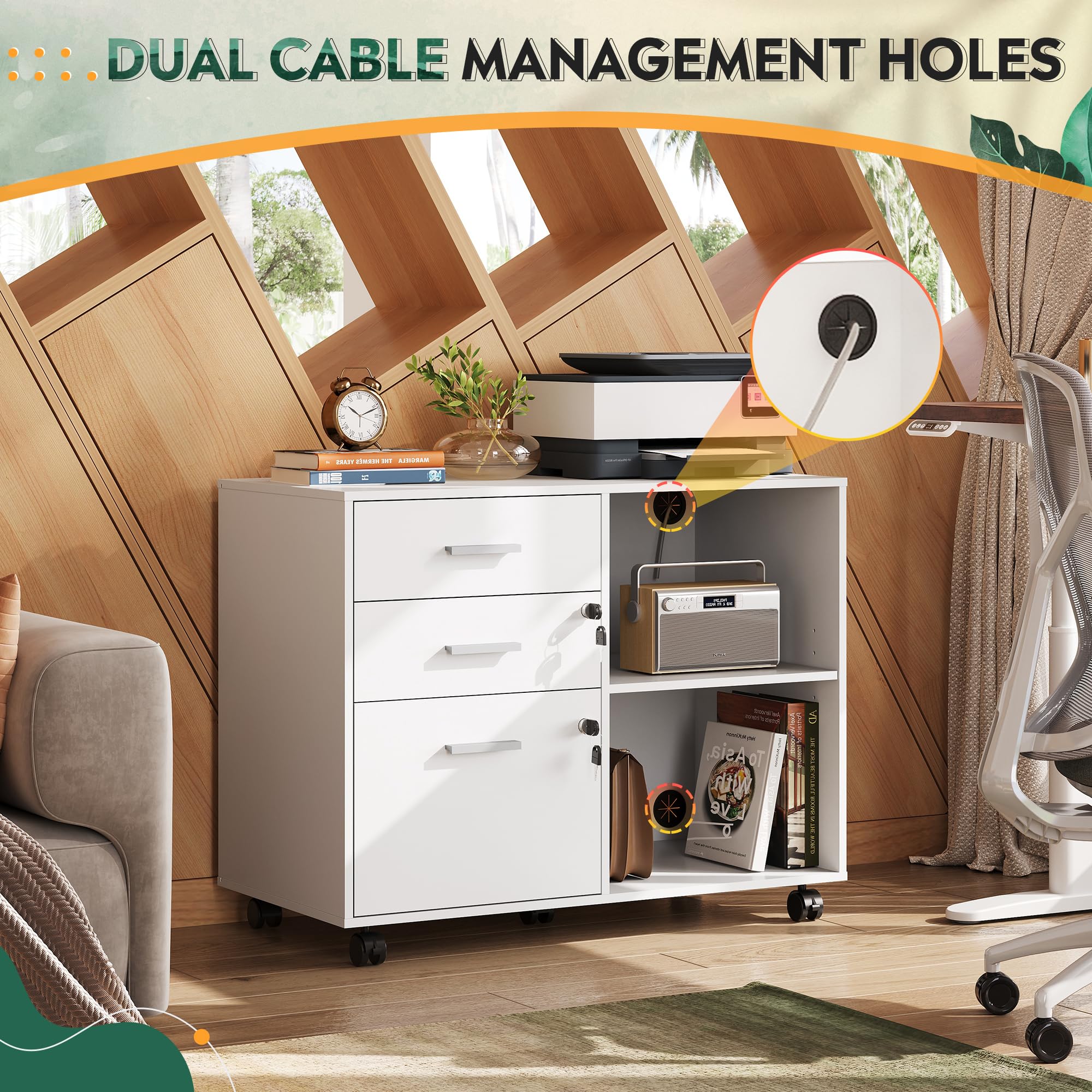 DEVAISE 3-Drawer Wood File Cabinet with Lock - Mobile Lateral Filing Cabinet & Printer Stand with Open Storage Shelves - Home Office Organization for Documents, Supplies & Equipment - Perfect for Small Spaces & Workspaces