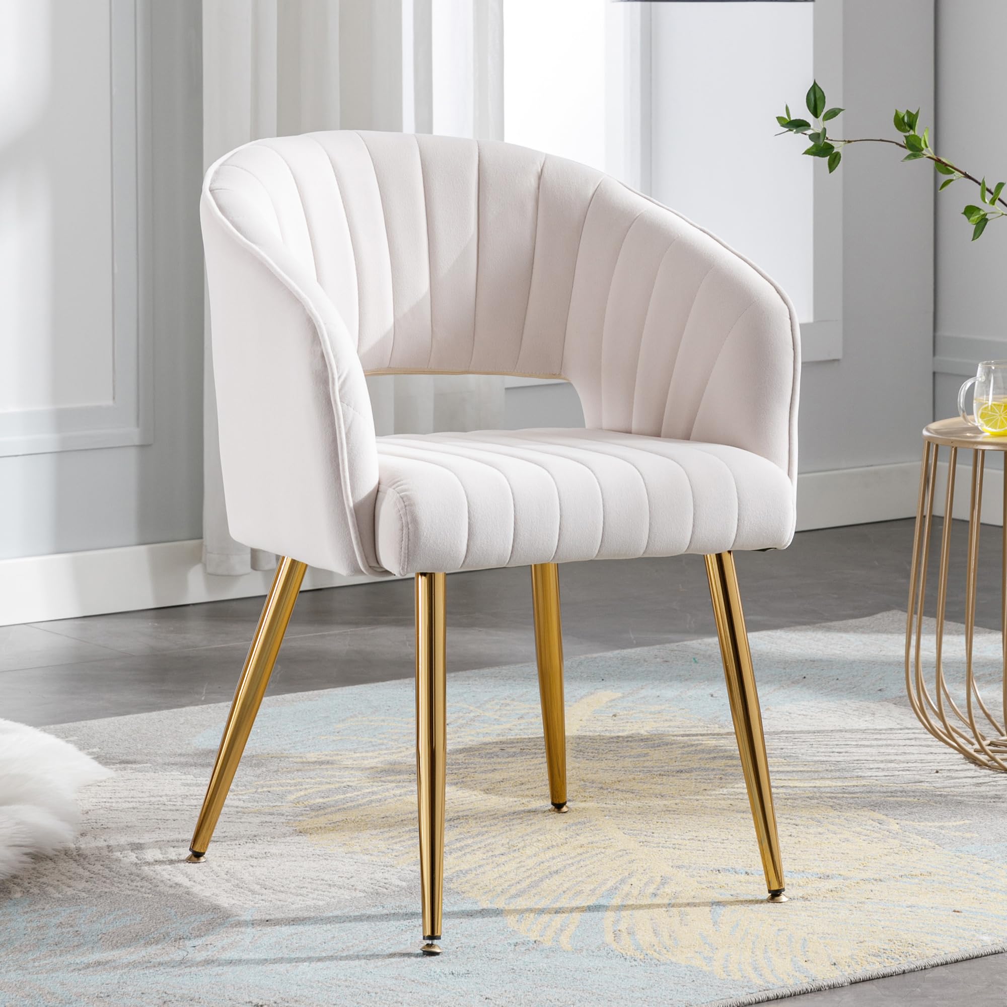 Velvet Tufted Desk Chair with Gold Legs - Ergonomic Home Office Chair for Women, Modern Upholstered Accent Armchair for Study, Computer Work & Living Room - Cream Velvet Seat (Perfect for Home Office, Study Nook & Cozy Reading Corner)