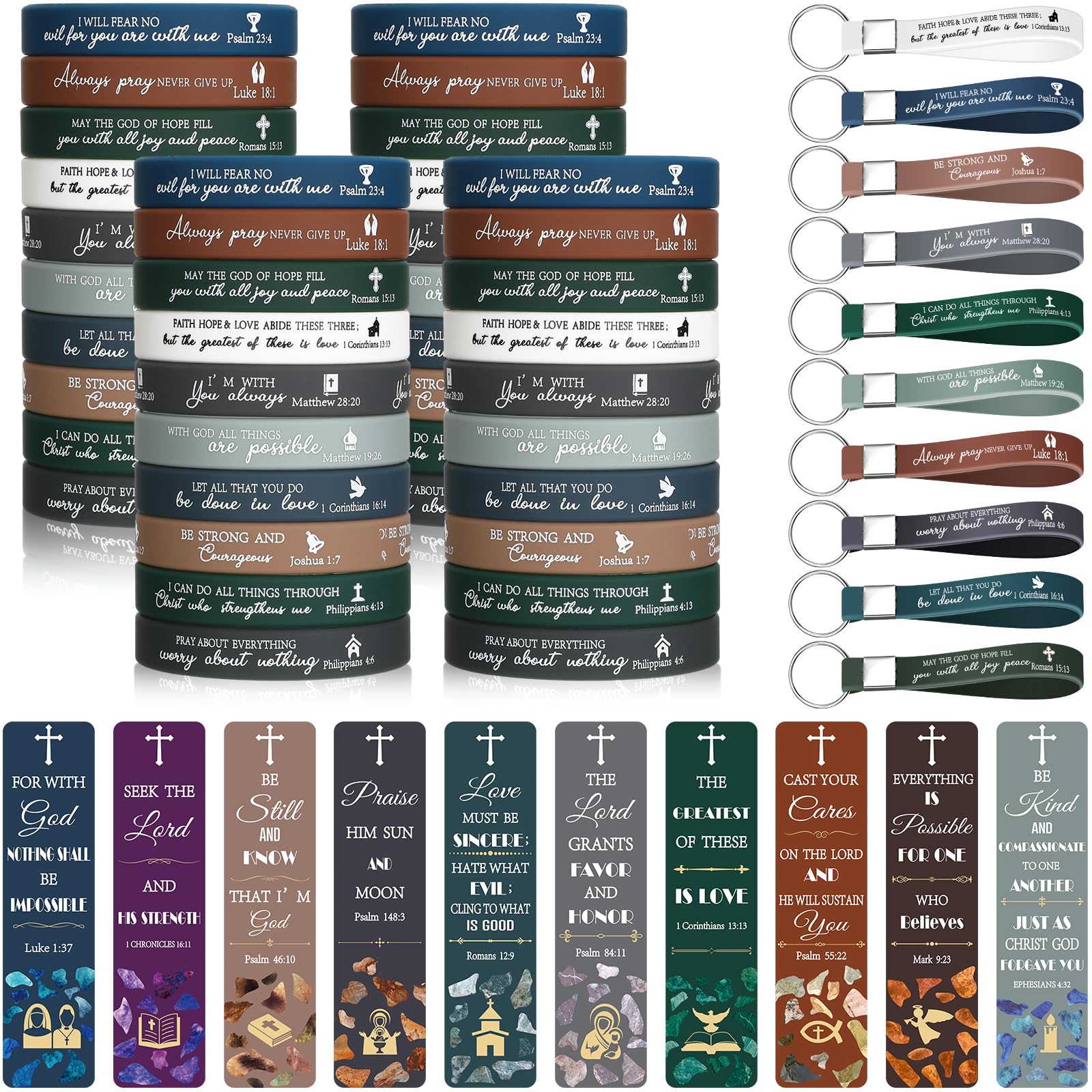 150 Pcs Christian Gift Set - Bulk Silicone Bible Verse Bracelets, Keychains & Bookmarks - Inspirational Wristbands & Motivational Keychains for Adults & Kids - Perfect for Church Events, Bible Study, Sunday School & Christian Gifts