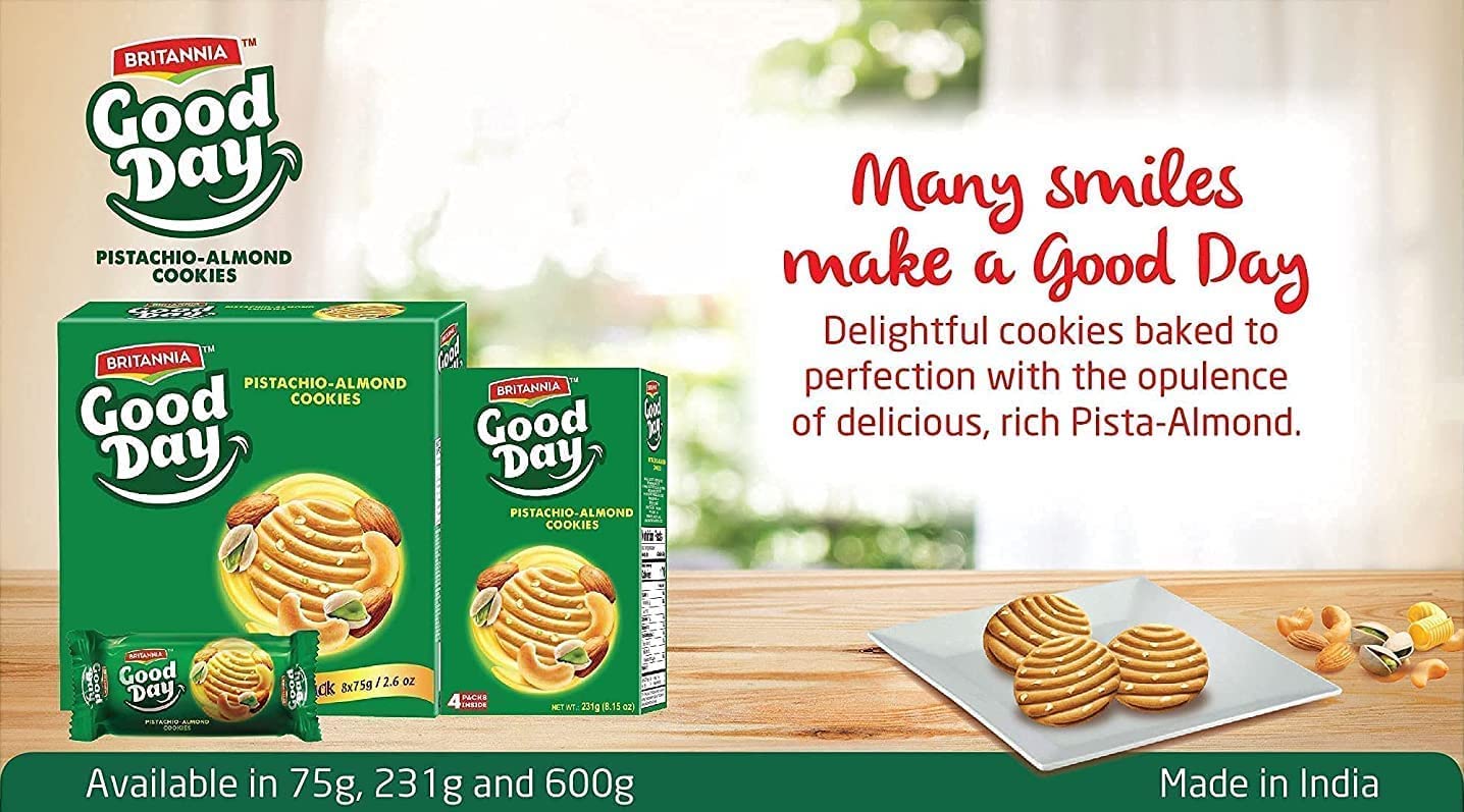 Britannia Good Day Pistachio Almond Cookies 8.15oz (231g) - 6 Pack - Crunchy Nutty Cookies for Breakfast, Tea Time & Office Snacks - Perfect with Coffee, Milk or as Dessert - Indian Style Biscuits