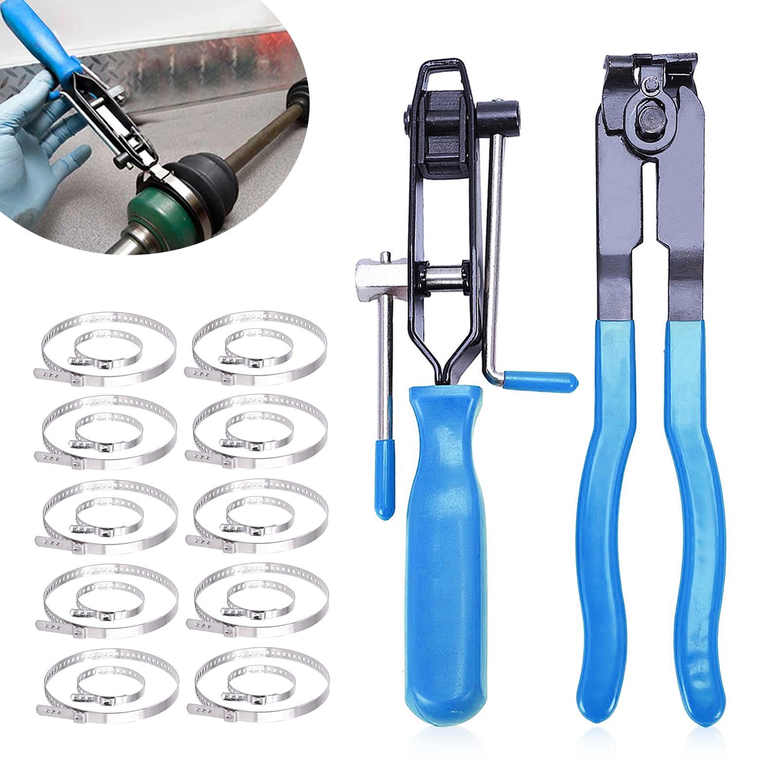 2 CV Boot Clamp Pliers with 20PCS 304 Stainless Steel CV Boot Clamps - Professional CV Axle Removal Tool & Hose Band Pliers for Car Repair - Dust Cover Clip Removal & Axle Banding Tool Kit (Blue) - Perfect for Auto Mechanics & DIY Vehicle Maintenance