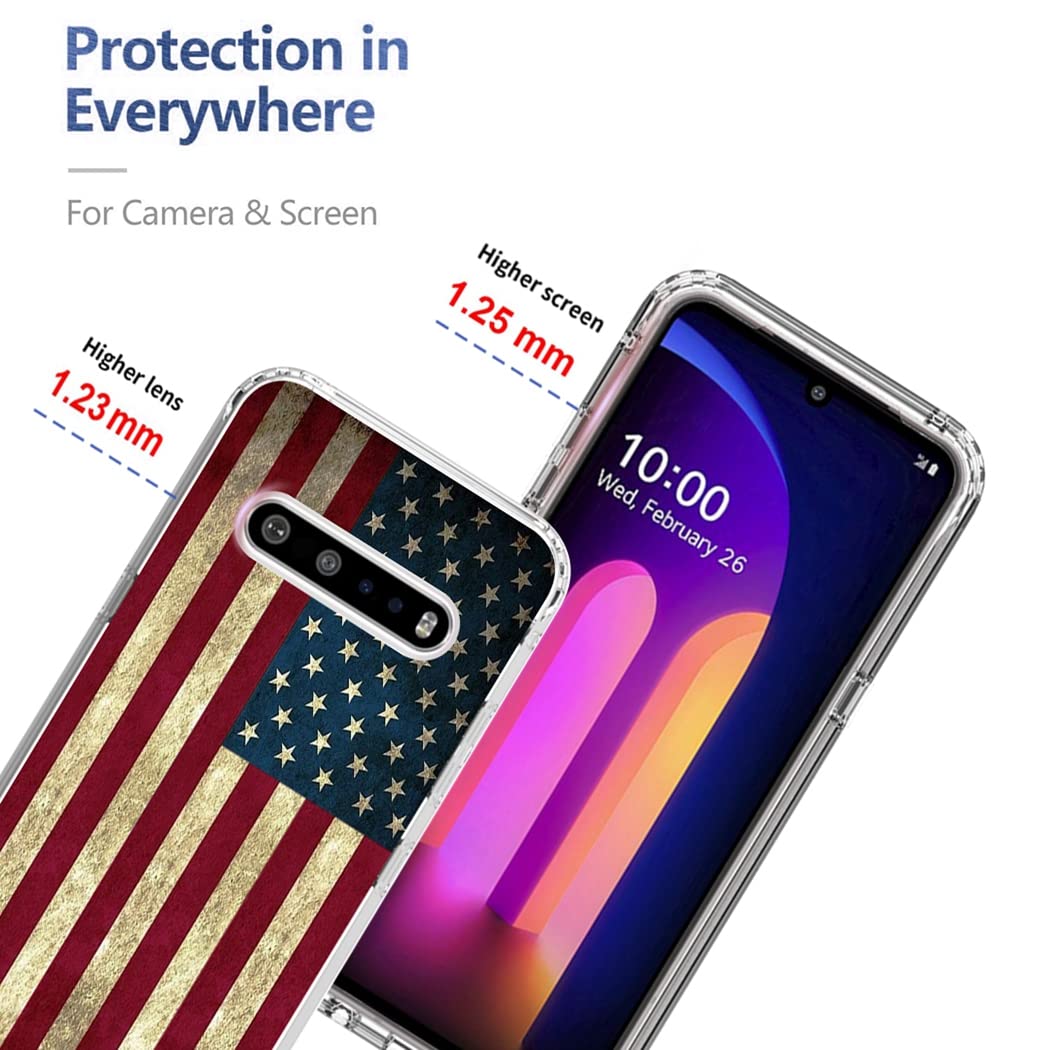 **LG V60 ThinQ 5G Case with Tempered Glass Screen Protector - Clear USA Flag Design, Shockproof Full Body Protective Cover for LG V60/LM-V600 - Perfect for Travel, Work & Everyday Use**