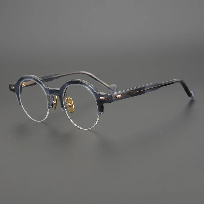 Black Unisex Semi-Rimless Round Acetate Eyeglasses Frame 9535 - Lightweight & Durable for Reading, Driving, and Everyday Wear