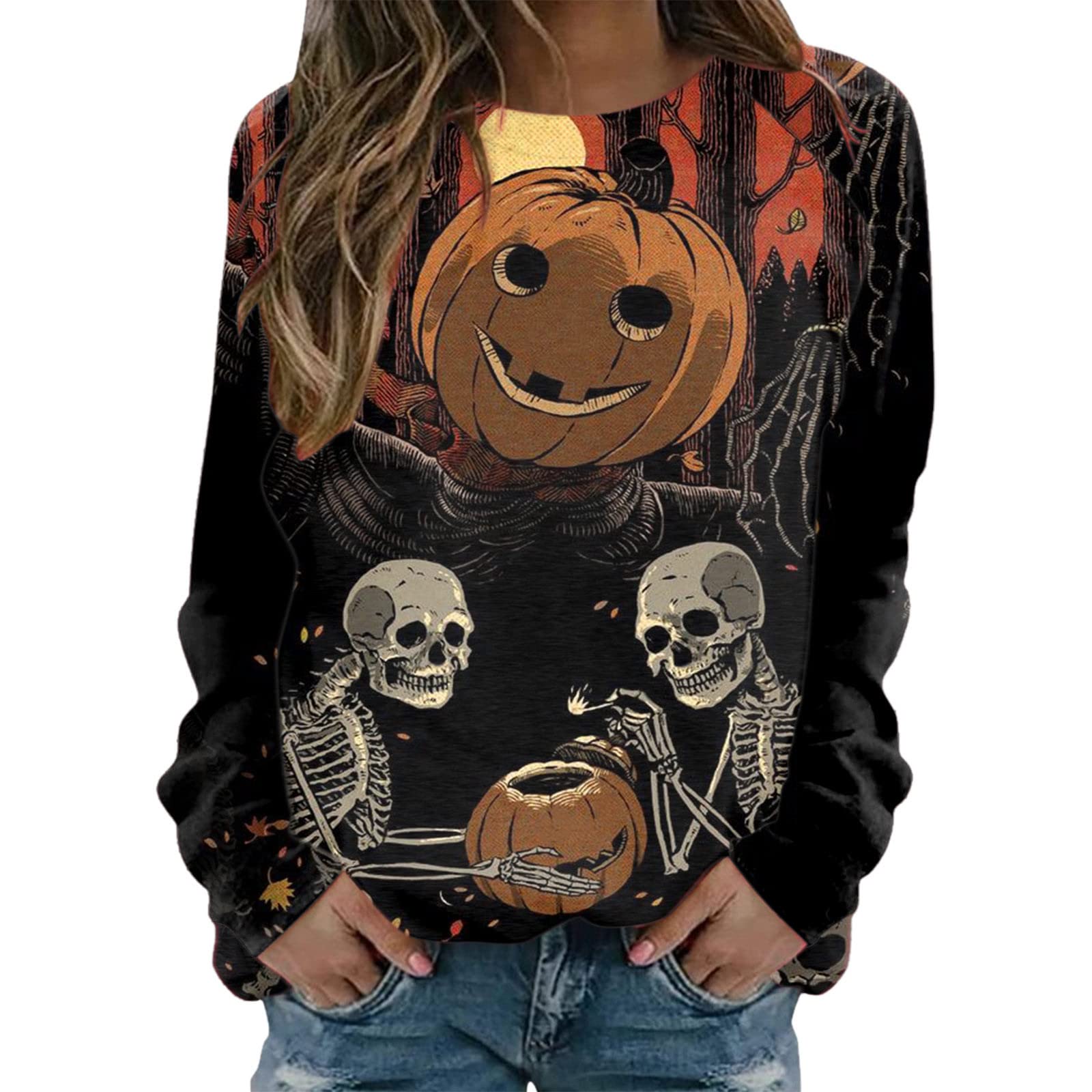 Stylish Halloween Graphic Tee for Women - Long Sleeve Crewneck Casual Shirt | Perfect for Costume Parties, Pumpkin Picking & Spooky Season Outfits