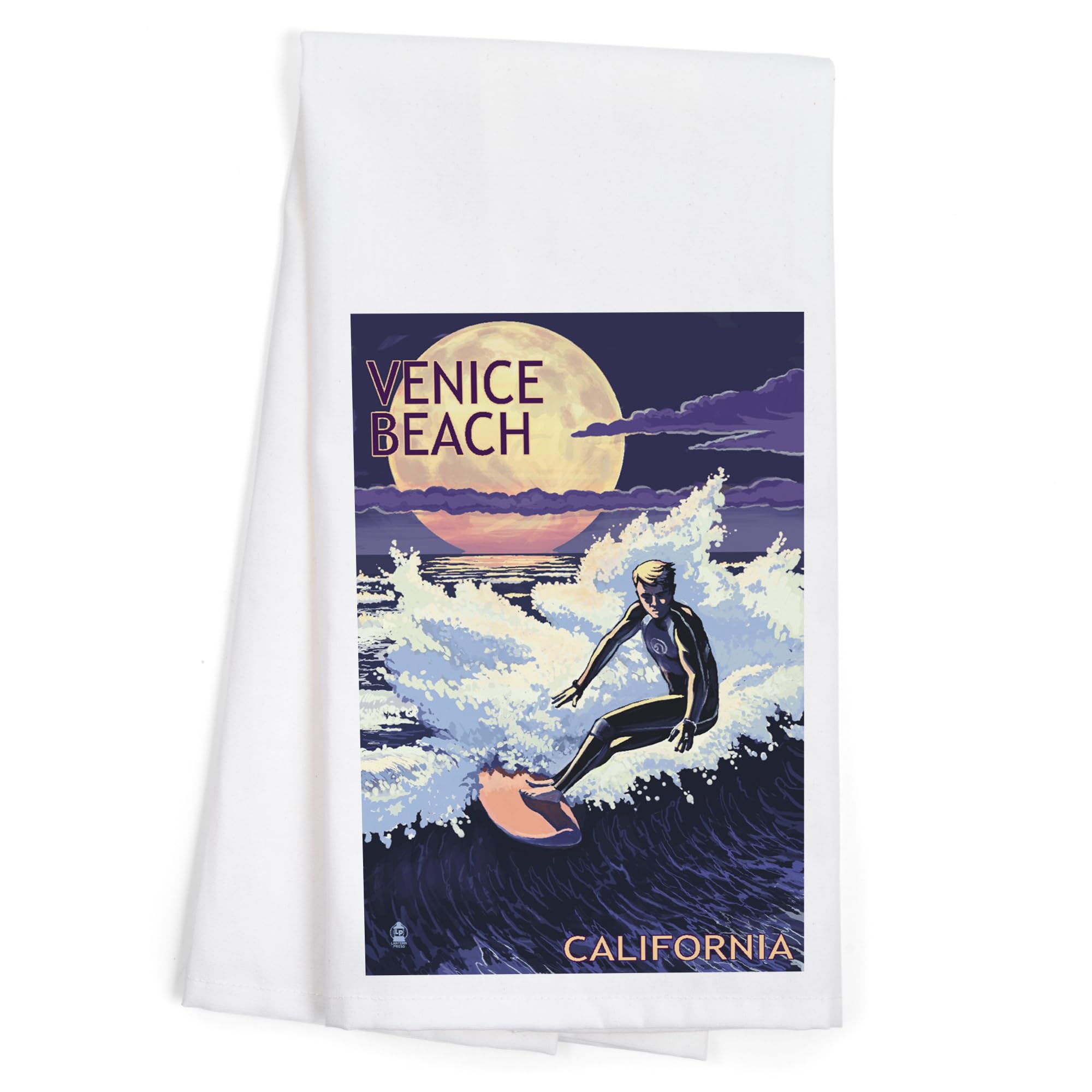 Lantern Press Venice Beach California Night Surfer 100% Cotton Tea Towel - Decorative Hand Towel for Kitchen, Bathroom & Home Decor - Perfect for Gifts, Dish Drying & Coastal Themed Spaces