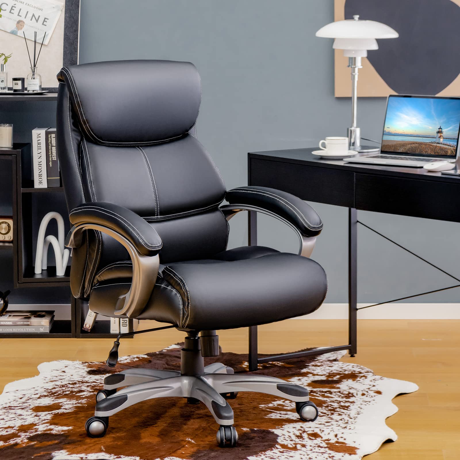 **POWERSTONE Big and Tall Office Chair 400lbs - Ergonomic PU Leather Executive Chair with Adjustable Height, Lumbar Support & Swivel Wheels - Heavy Duty Computer Desk Chair for Home & Office, Black**    *(Perfect for Long Work Hours, Gaming, or Conference Rooms – Supports Up to 400lbs for Maximum Comfort & Durability)*