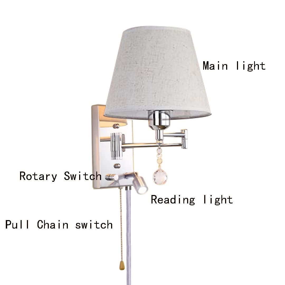 Swing Arm Wall Lamp with Pull Chain & Plug-in Switch - Adjustable Bedroom Wall Sconce, Bedside Reading Light (32cm x 25cm) - Perfect for Bedrooms, Living Rooms & Home Office Lighting