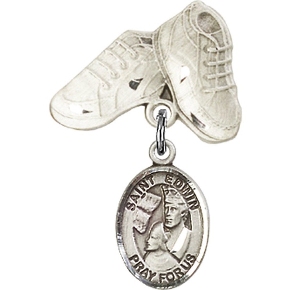 St. Edwin Sterling Silver Baby Badge with Charm & Baby Boots Pin - 1 x 5/8 Inch - Perfect for Christening Gifts, Baby Showers & Keepsakes