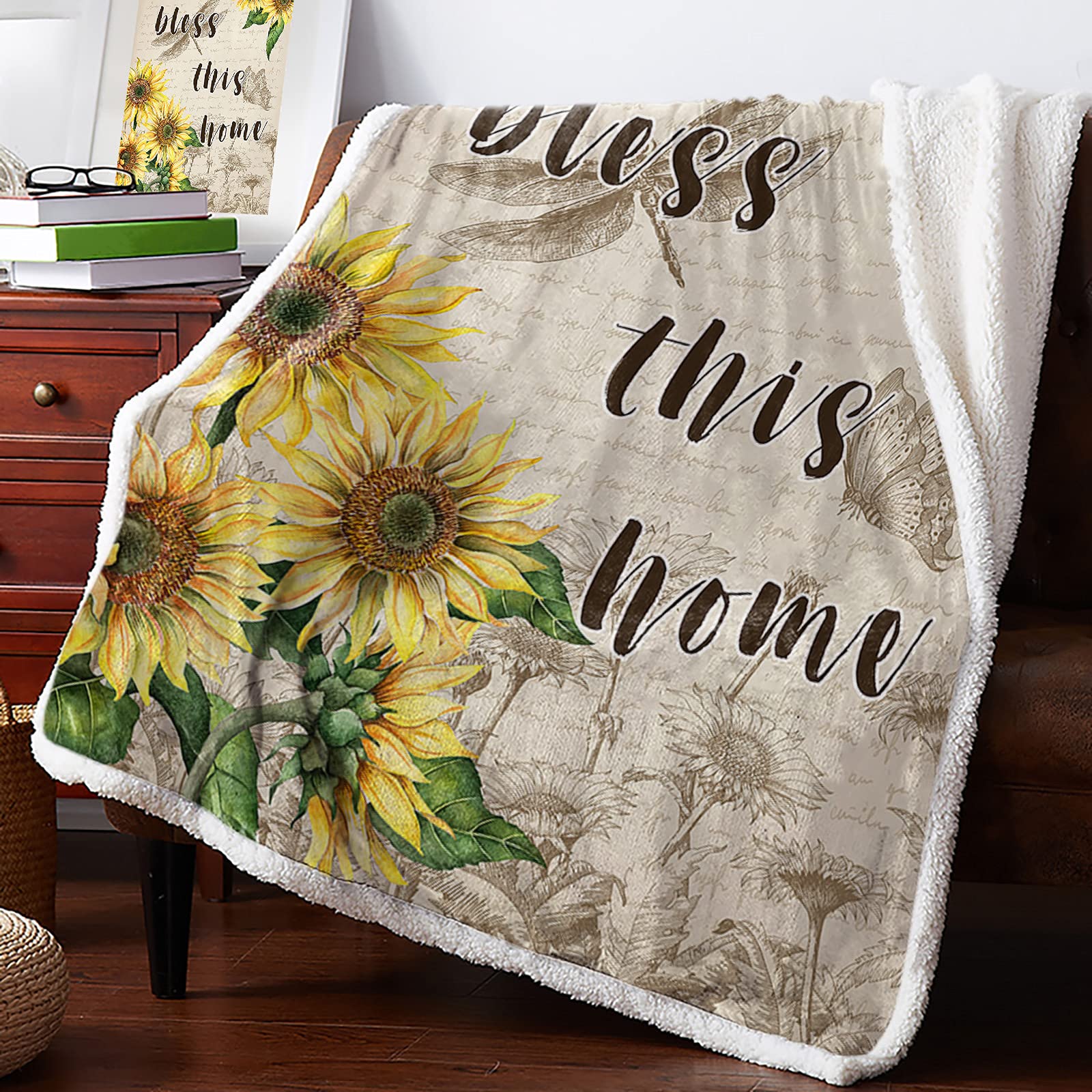 Sherpa Fleece Throw Blanket - Ultra Soft Microfiber Blanket with Sunflower & Dragonfly Design, Cozy Fluffy Blanket for Couch, Bed, Sofa - Perfect for Home Decor, Gift Giving & Winter Warmth