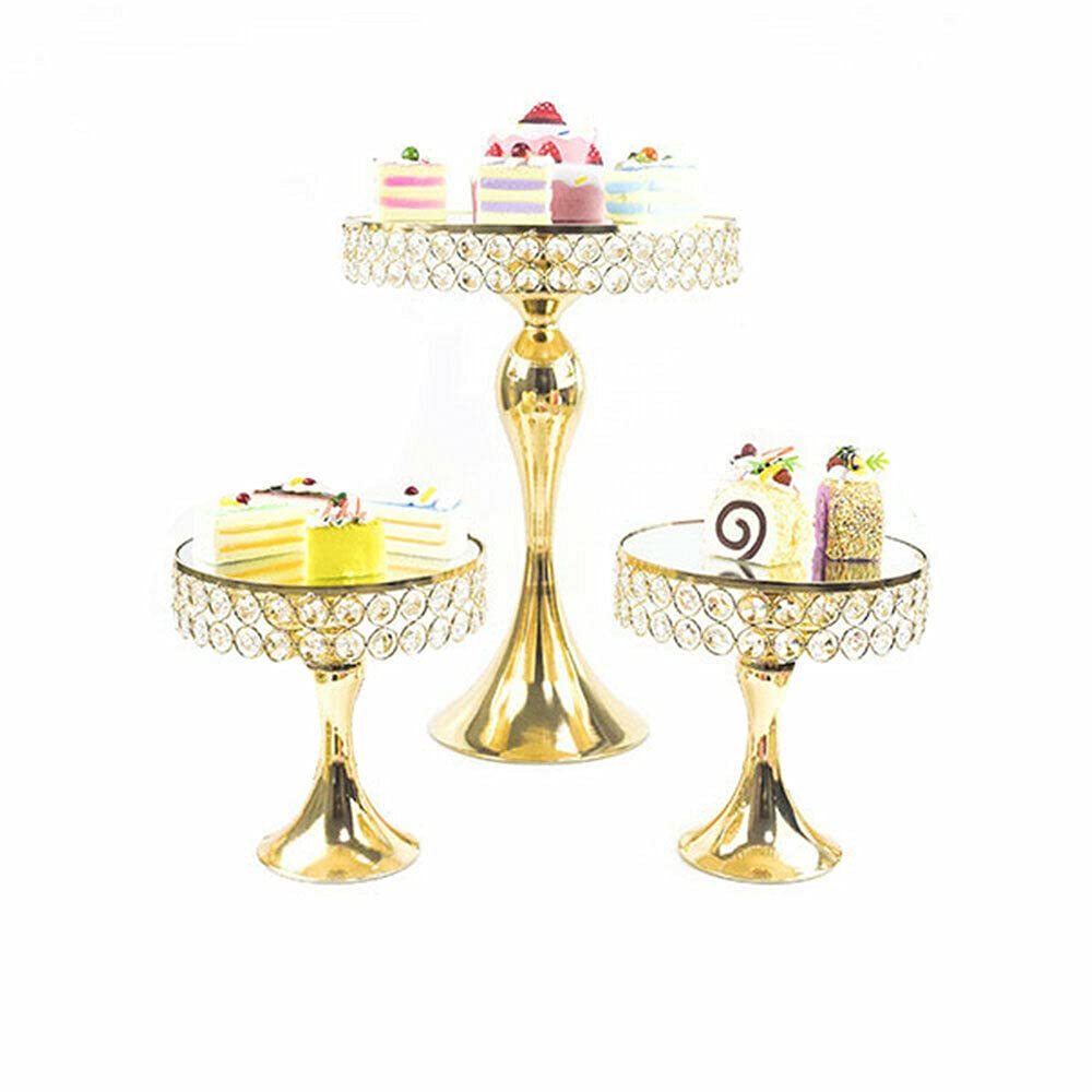3PCS Gold Metal Cake Stand Set - Round Cupcake Dessert Display Holder with Crystal Decor for Wedding, Party, Birthday | Perfect for Candy Buffets, Afternoon Tea, and Dessert Table Decorations