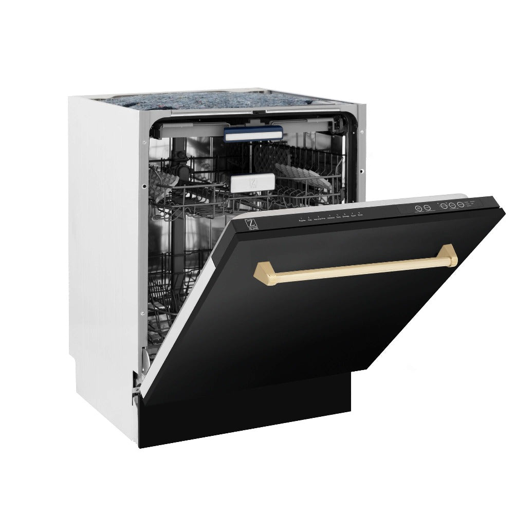 ZLINE Autograph Edition 30-inch Black Stainless Steel Kitchen Package - Dual Fuel Range, Range Hood, Dishwasher & Refrigerator with External Water Dispenser & Polished Gold Accents (4AKPR RABRHDWV30 G) | Premium Luxury Kitchen Appliances for Modern Homes & Gourmet Cooking